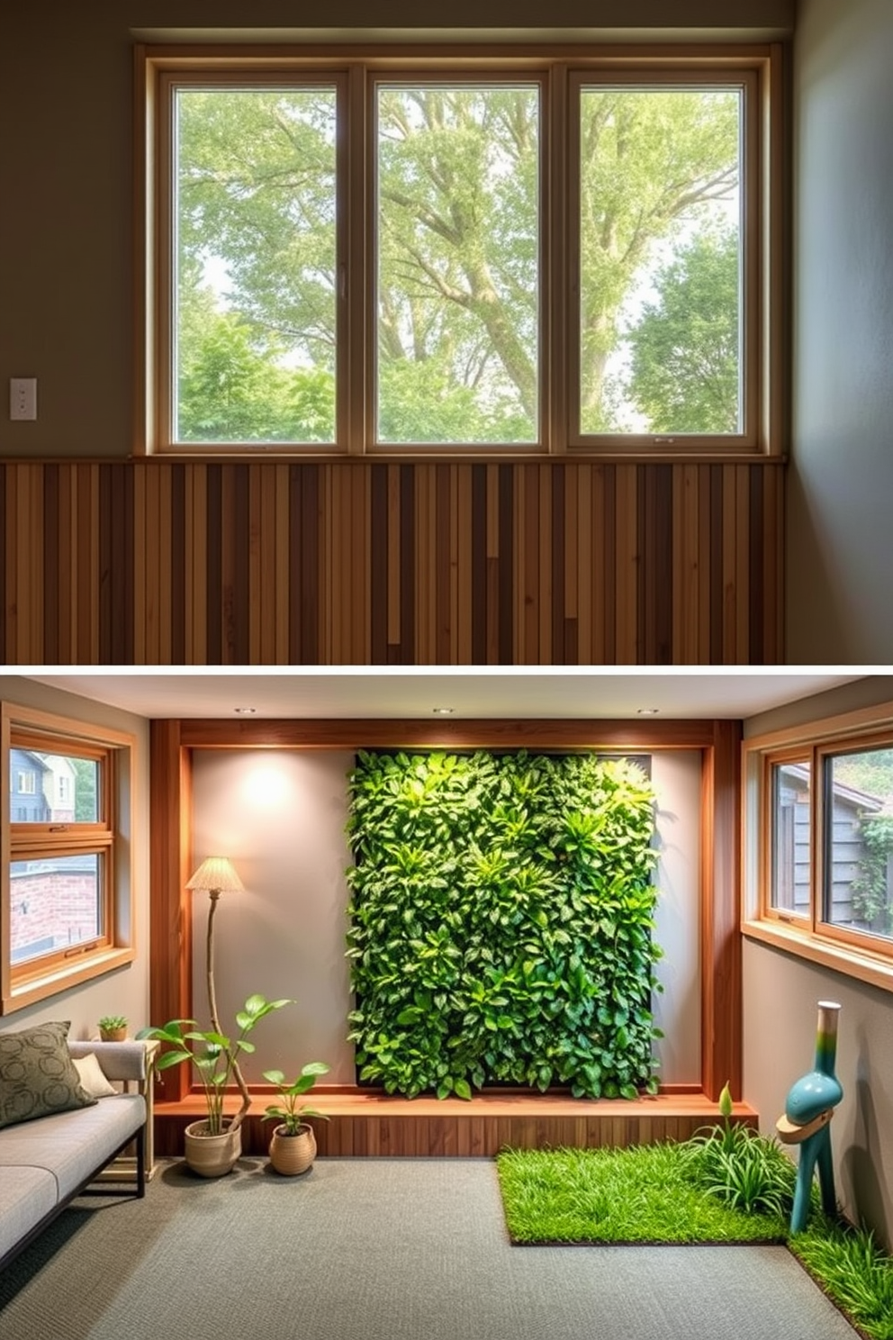 Energy-efficient windows designed to maximize natural light while minimizing heat loss. The frames are made from sustainable materials and feature triple glazing for optimal insulation. A green basement designed with eco-friendly materials and finishes. It includes a living wall for air purification and energy-efficient lighting to create a warm and inviting atmosphere.