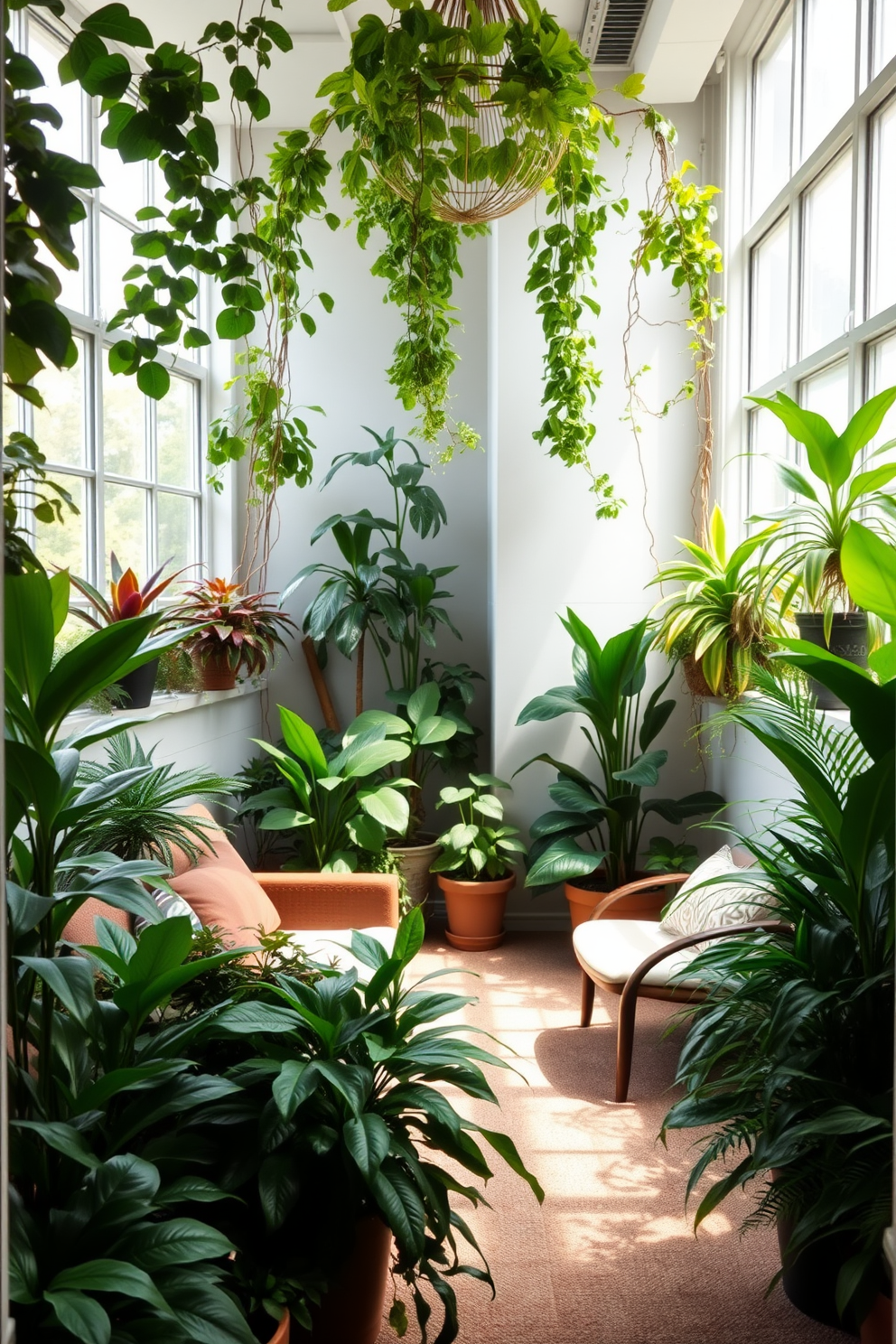 A serene indoor garden filled with various lush green plants strategically placed around the room. Natural light filters through large windows, creating a vibrant atmosphere that enhances air quality and promotes well-being. A stylish basement designed with eco-friendly materials and ample greenery. The space features a cozy seating area with soft lighting, complemented by indoor plants that thrive in the lower light conditions typical of basements.