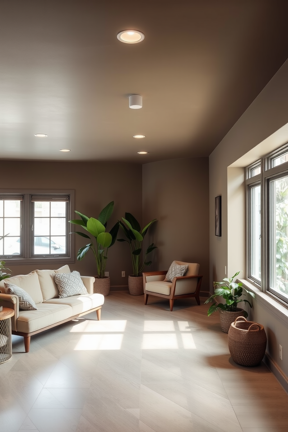 A serene basement space featuring non-toxic paint in soft earth tones that promote a healthier environment. The walls are adorned with eco-friendly finishes and the flooring consists of sustainable materials that enhance comfort and style. A cozy lounge area with plush seating and natural light streaming through large windows. The design incorporates green plants and energy-efficient lighting to create a refreshing and inviting atmosphere.