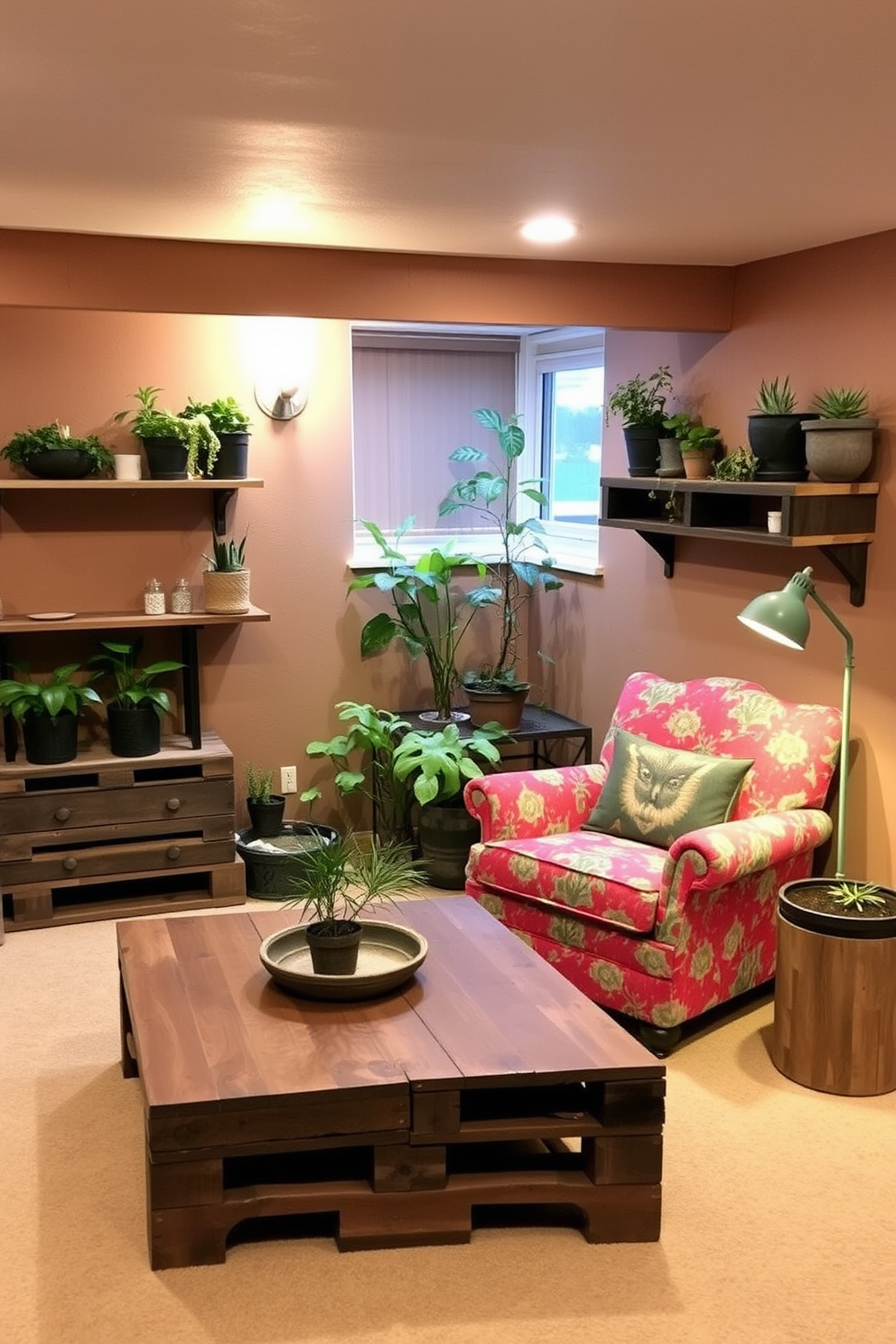 A cozy basement space featuring upcycled furniture that adds a creative touch. The room includes a reclaimed wood coffee table, a vintage armchair reupholstered in a vibrant fabric, and shelves made from repurposed pallets. The walls are painted in soft earth tones, complemented by warm lighting that enhances the inviting atmosphere. A small indoor garden with potted plants brings life to the space, making it a perfect retreat for relaxation and creativity.