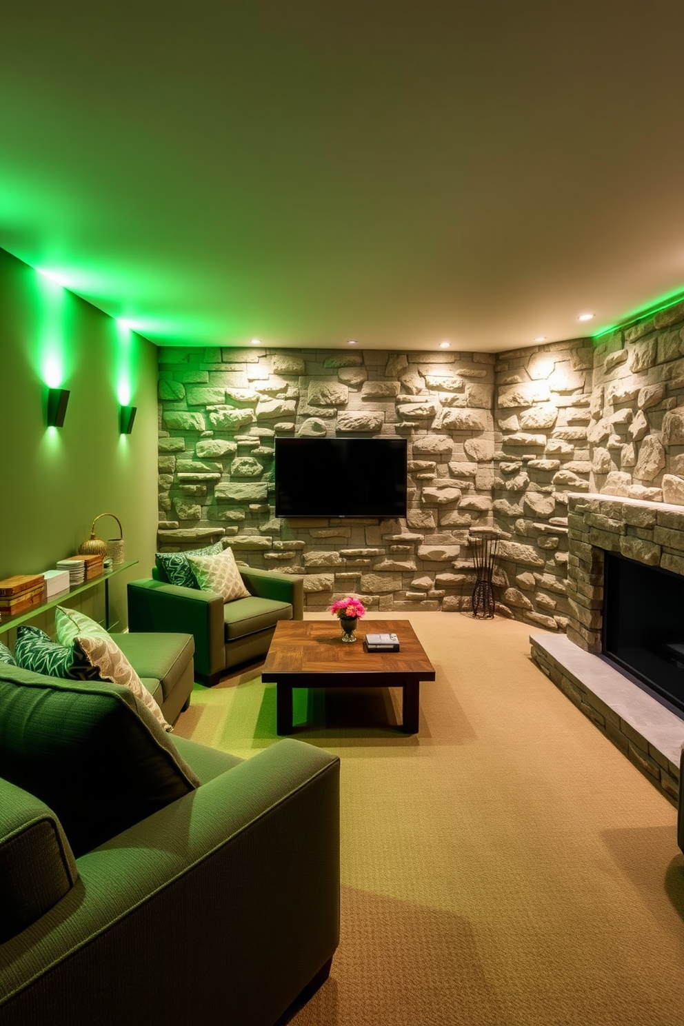 A stylish green basement designed for multi-functionality. The area features a cozy seating arrangement with a sectional sofa and a coffee table, complemented by a small workspace with a sleek desk and ergonomic chair. Natural light filters in through large windows, enhancing the vibrant green walls adorned with modern artwork. The flooring is a combination of polished concrete and plush area rugs, creating a warm and inviting atmosphere.