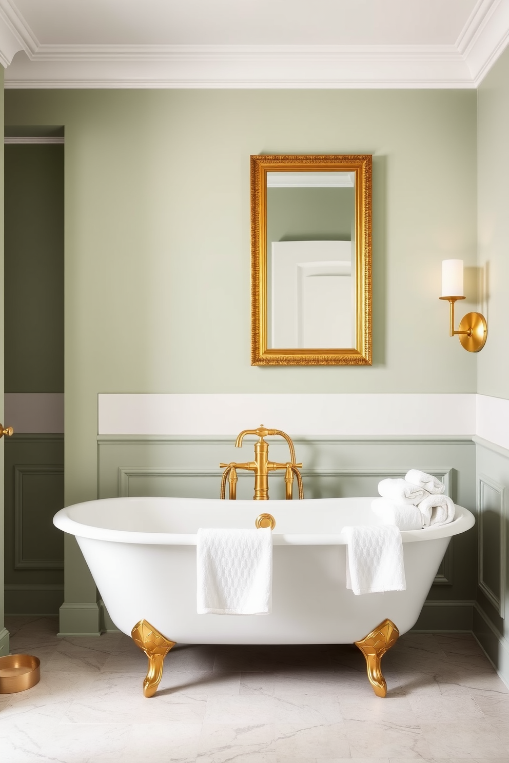 A serene bathroom setting with sage green walls adorned with elegant gold accents. The space features a freestanding bathtub with a gold faucet, complemented by a chic gold-framed mirror above a minimalist vanity. Soft lighting creates a warm ambiance, enhancing the natural beauty of the sage green tones. Plush white towels are neatly arranged, adding a touch of luxury to the inviting atmosphere.