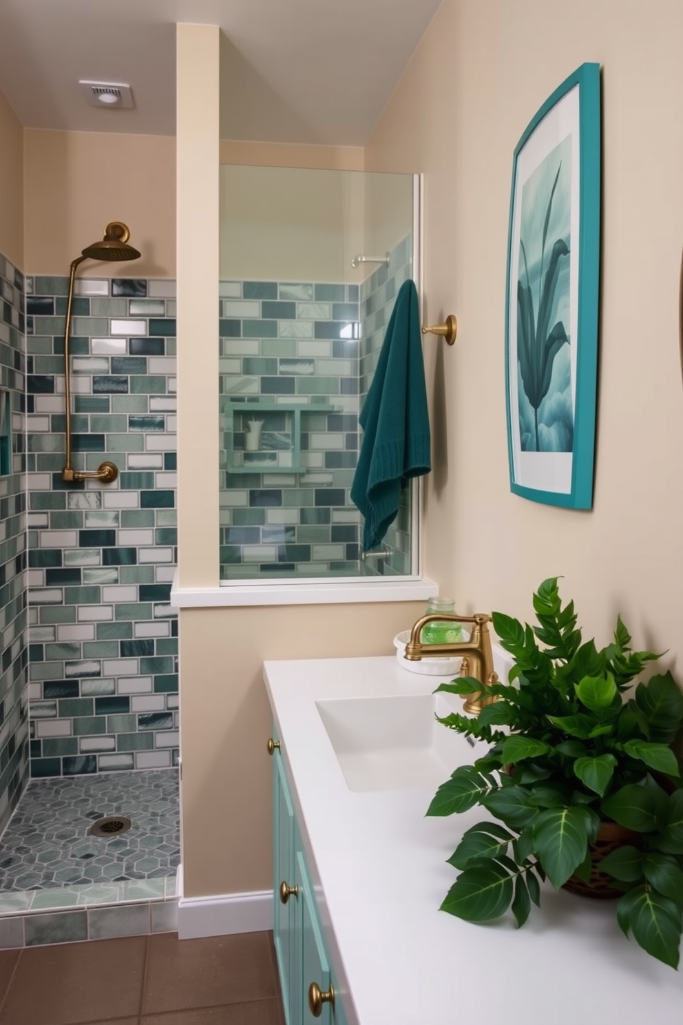 A serene bathroom design featuring teal accents that complement neutral tones. The walls are painted in a soft beige, while the teal accents are incorporated through decorative elements like towels and artwork. A spacious shower area showcases intricate tile work in varying shades of green. The vanity features a sleek white countertop with a stylish brass faucet, surrounded by lush greenery for a refreshing touch.