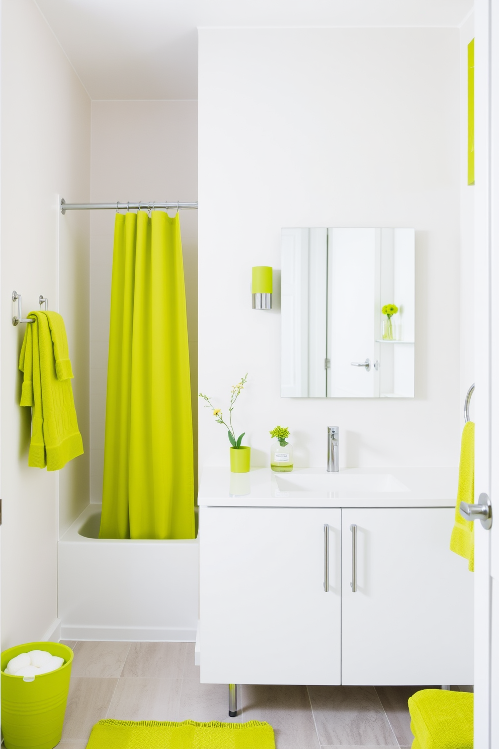 A vibrant bathroom setting featuring lime green accessories that add a pop of color. The walls are painted in a soft, neutral tone to complement the bright green accents throughout the space. Incorporate lime green towels, a shower curtain, and decorative items to enhance the lively atmosphere. A sleek white vanity with modern fixtures provides a stylish contrast to the bold color palette.