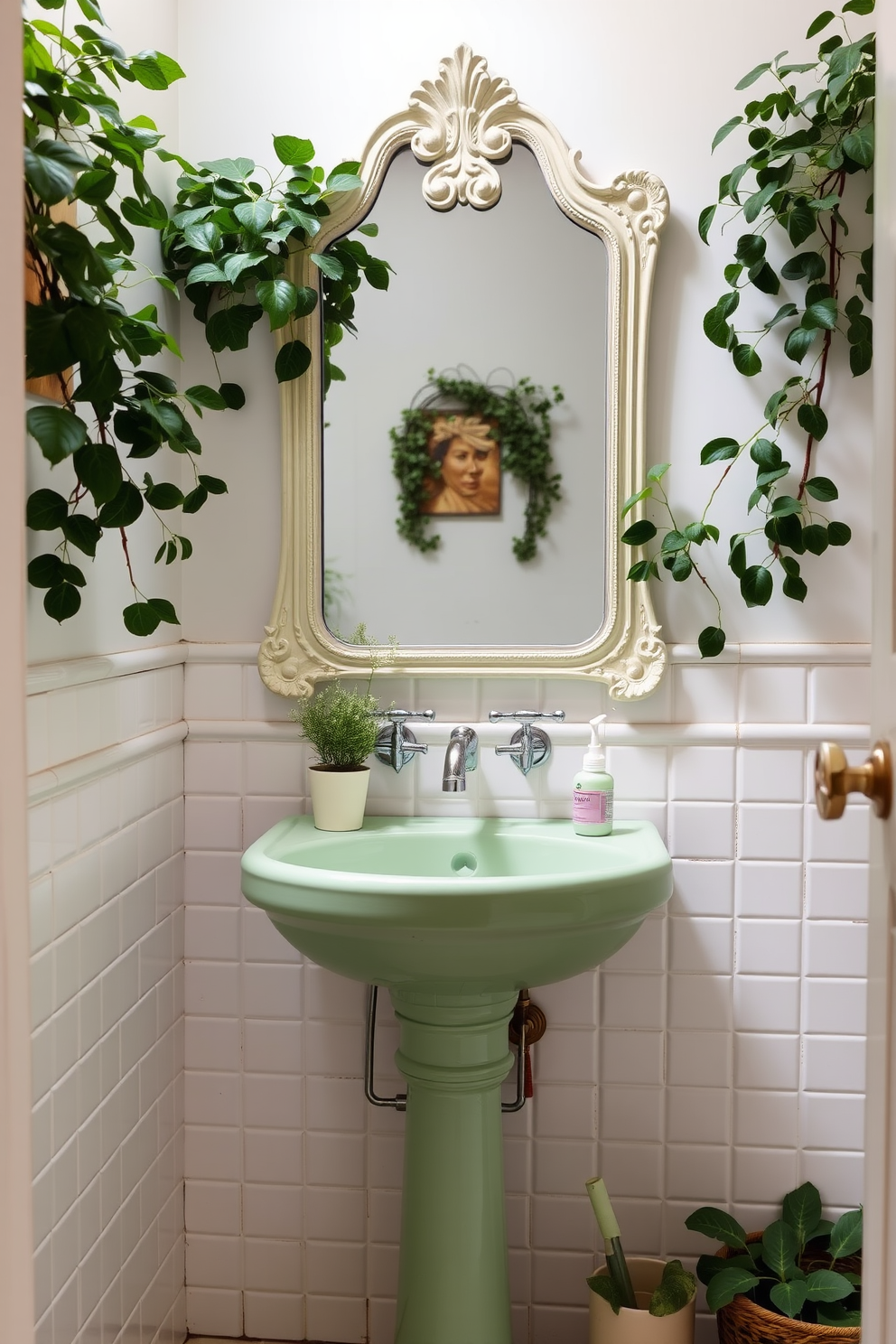 A pastel green sink is the centerpiece of this charming bathroom, complemented by a vintage mirror with intricate detailing above it. The walls are adorned with soft white tiles, and lush greenery adds a refreshing touch to the overall design.