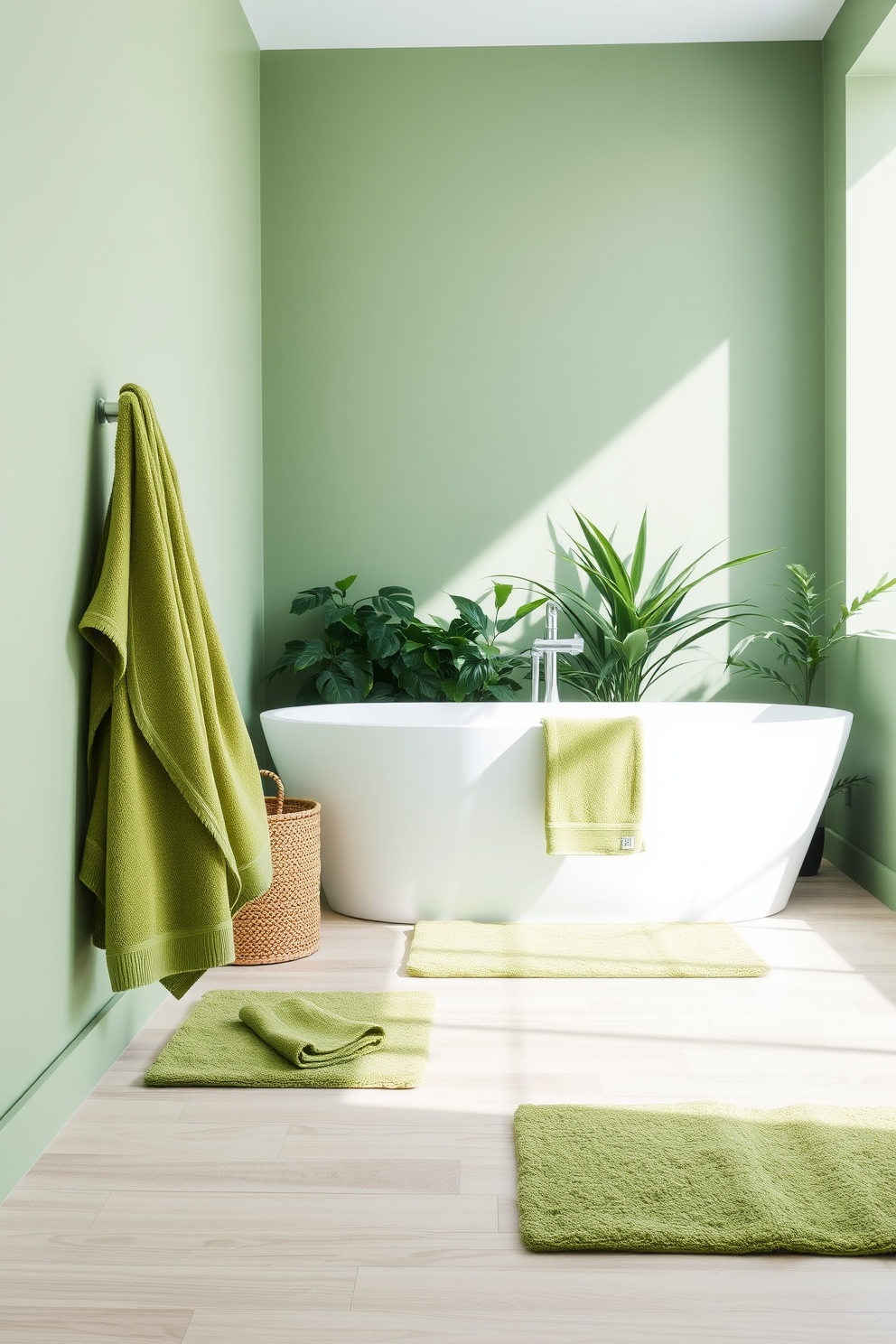 A serene bathroom setting featuring moss green towels and bath mats that complement the overall design. The walls are painted in a soft green hue, creating a tranquil atmosphere with natural light streaming in through a frosted window. A sleek white bathtub sits against one wall, surrounded by lush indoor plants that add a touch of nature. The floor is adorned with light-colored wood tiles, providing warmth and contrast to the green accents throughout the space.