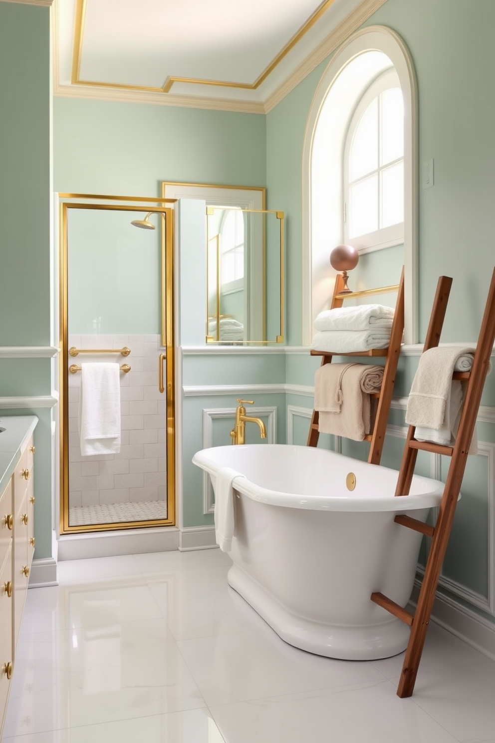 A serene bathroom space featuring seafoam green paint on the walls complemented by elegant gold trim. The design includes a freestanding soaking tub with a gold faucet and a stylish shower enclosure with glass doors. The floor is adorned with large white tiles, creating a fresh and clean look. Soft, plush towels in coordinating colors are neatly arranged on a wooden ladder shelf for added texture and warmth.