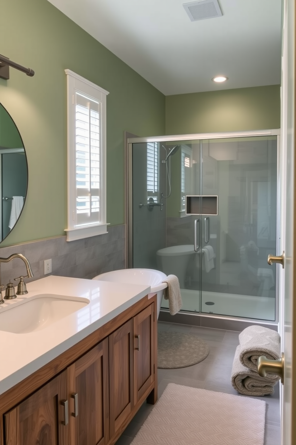 A serene bathroom space featuring sage green walls paired with gray accents. The design includes a freestanding tub with elegant fixtures and a stylish shower area with glass doors. The vanity is crafted from reclaimed wood with a white countertop, complemented by brushed nickel hardware. Soft, plush towels in coordinating colors are neatly arranged, adding a touch of luxury to the overall ambiance.