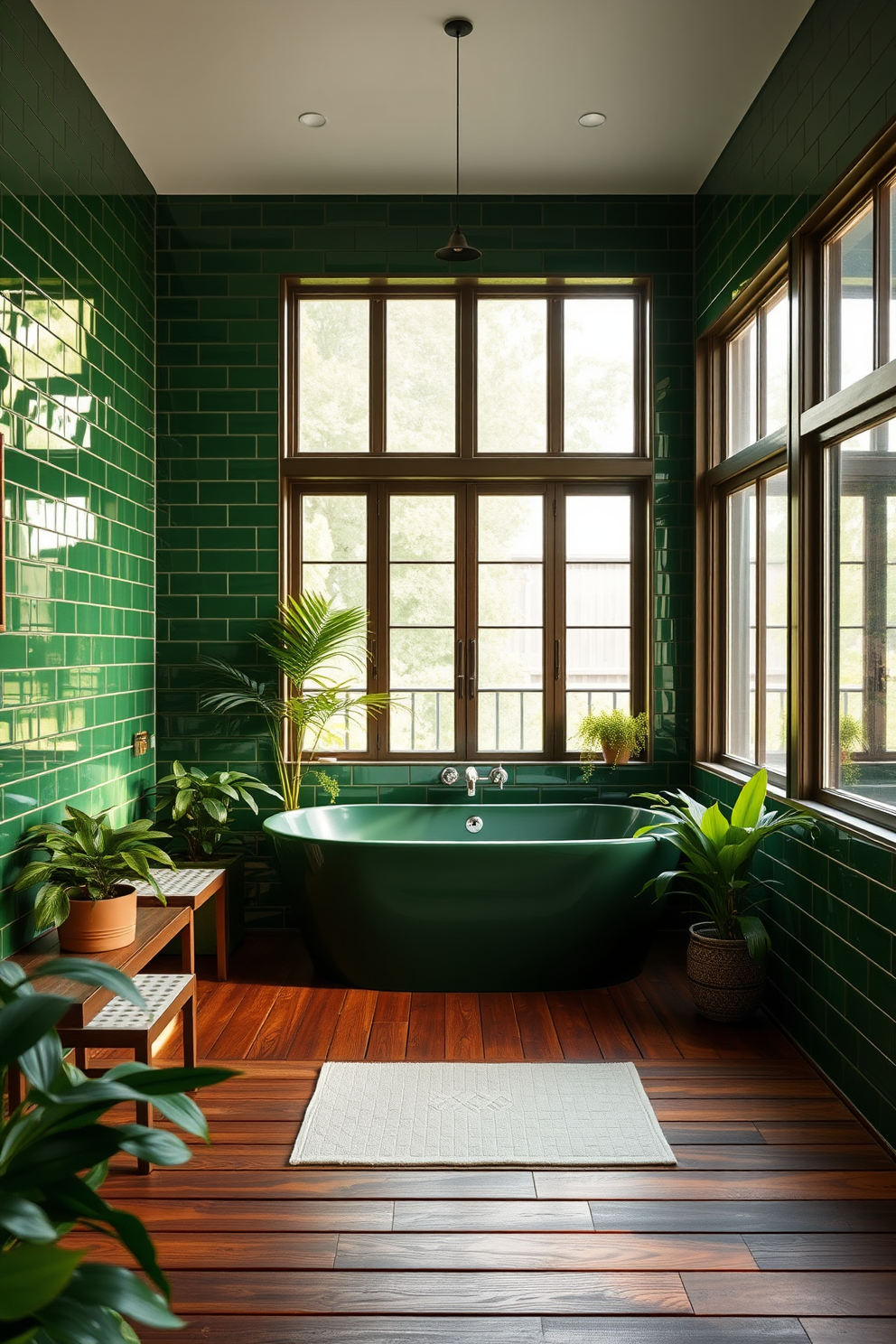 A serene bathroom featuring a deep green bathtub surrounded by elegant wooden decking. The walls are adorned with lush green tiles, creating a harmonious and tranquil atmosphere. Natural light filters through large windows, illuminating the space with a warm glow. Complementing the design, potted plants are strategically placed to enhance the fresh and vibrant feel of the room.