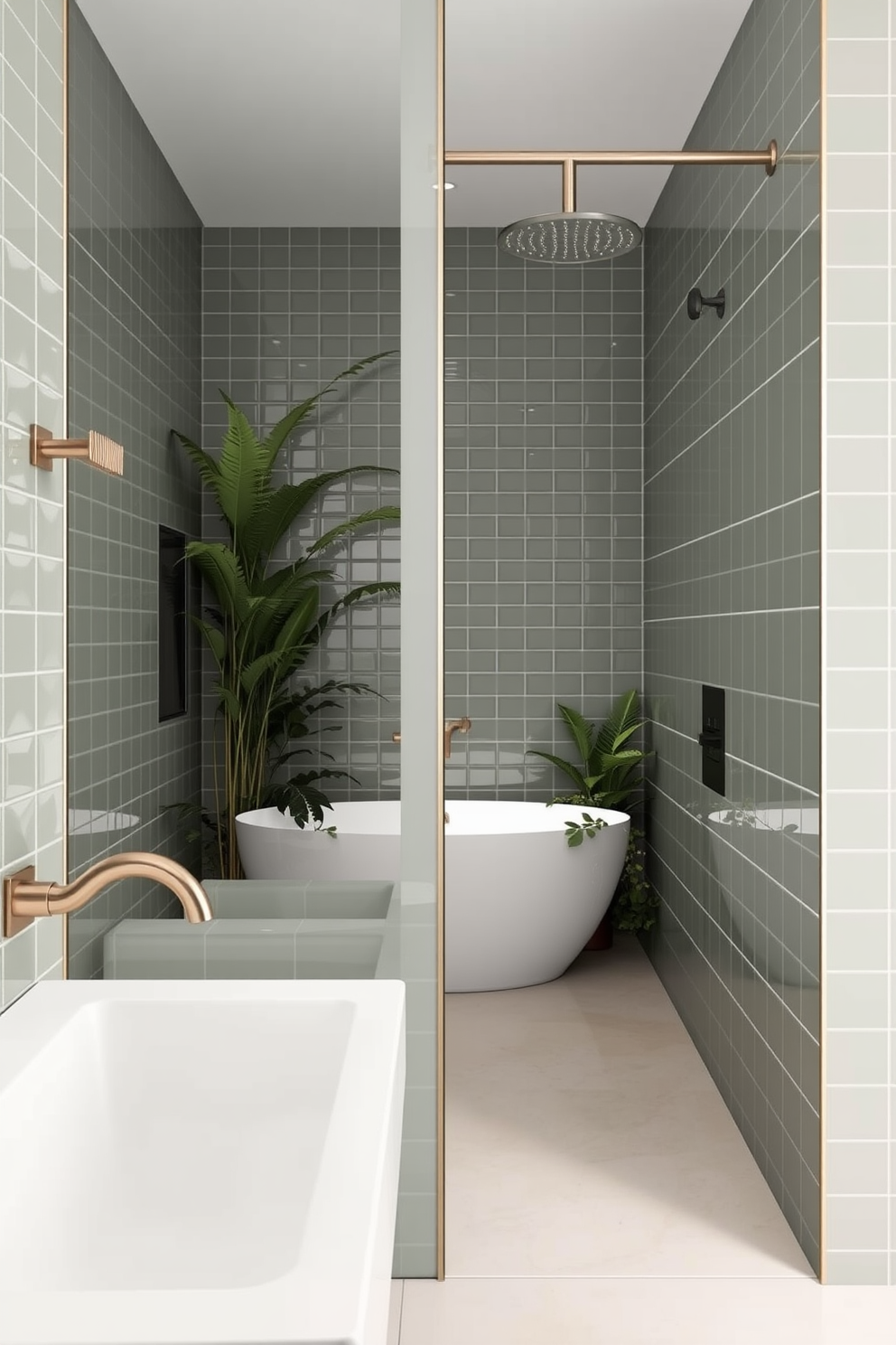 A serene bathroom design featuring muted green tiles that create a calming atmosphere. Modern fixtures such as a sleek faucet and minimalist showerhead complement the elegant tile work. The space includes a freestanding bathtub surrounded by lush greenery for a spa-like experience. Soft lighting enhances the tranquil ambiance, making it a perfect retreat.