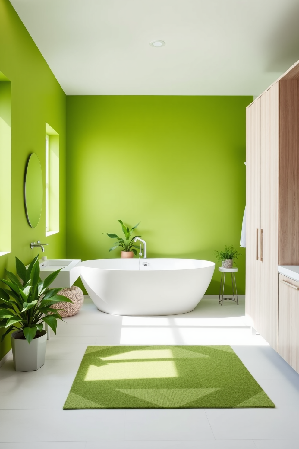 A bright green accent wall serves as the focal point in a minimalist bathroom design. The space features sleek white fixtures and a large freestanding tub with a modern shape, complemented by green plants strategically placed for a fresh touch. The cabinetry is simple and understated, finished in a light wood tone that enhances the airy feel of the room. A green geometric rug lies beneath the vanity, adding a pop of color while maintaining the overall minimalist aesthetic.