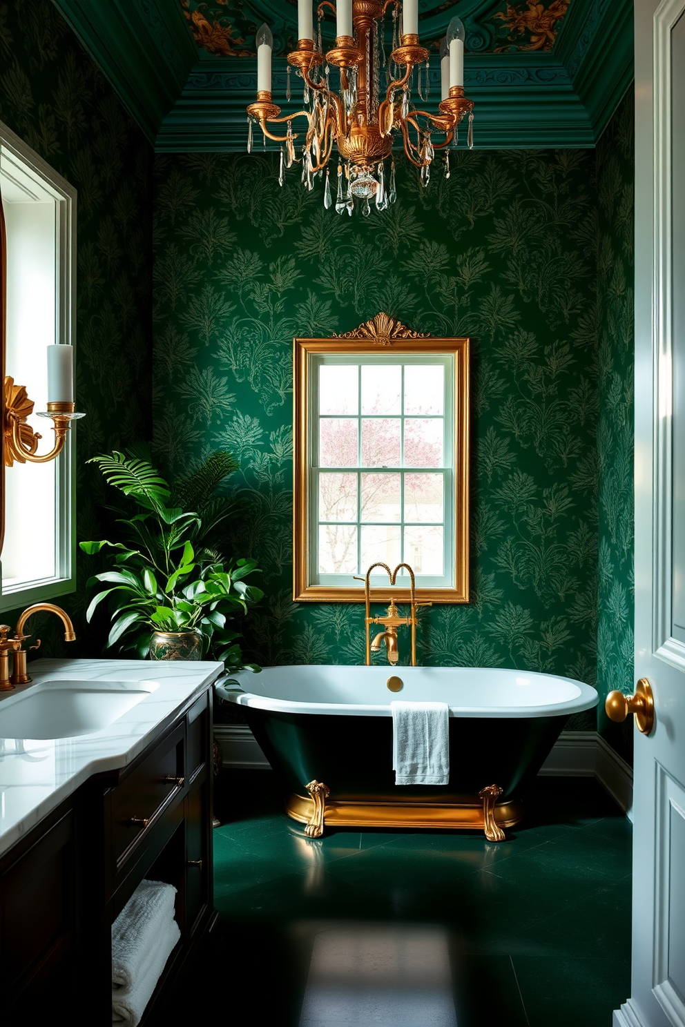 A luxurious green bathroom featuring patterned wallpaper adorned with elegant gold accents. The space includes a freestanding bathtub with a gold faucet and a stylish chandelier hanging above. The vanity is crafted from dark wood and topped with a white marble surface, complemented by gold fixtures. Lush greenery in decorative pots adds a vibrant touch, while soft lighting creates a warm and inviting atmosphere.