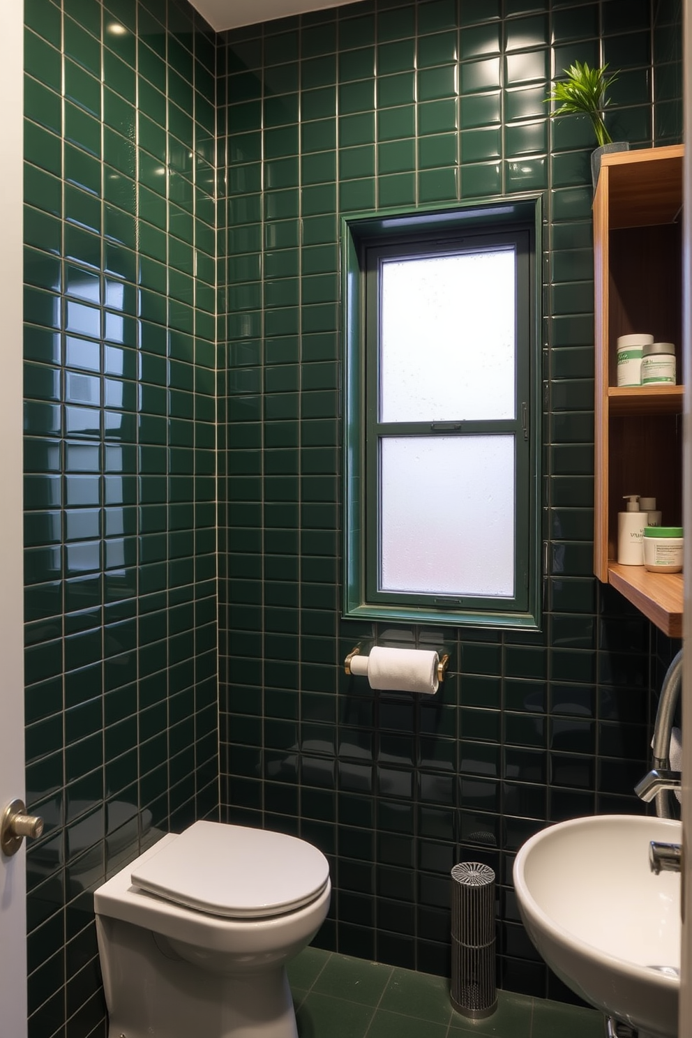 A serene bathroom space features dark green walls complemented by crisp white trim. The design includes a freestanding bathtub elegantly placed beneath a large window, allowing natural light to illuminate the room. The vanity showcases a sleek white countertop with modern fixtures, accompanied by a large round mirror. Decorative plants are strategically placed to enhance the vibrant green tones and create a refreshing atmosphere.