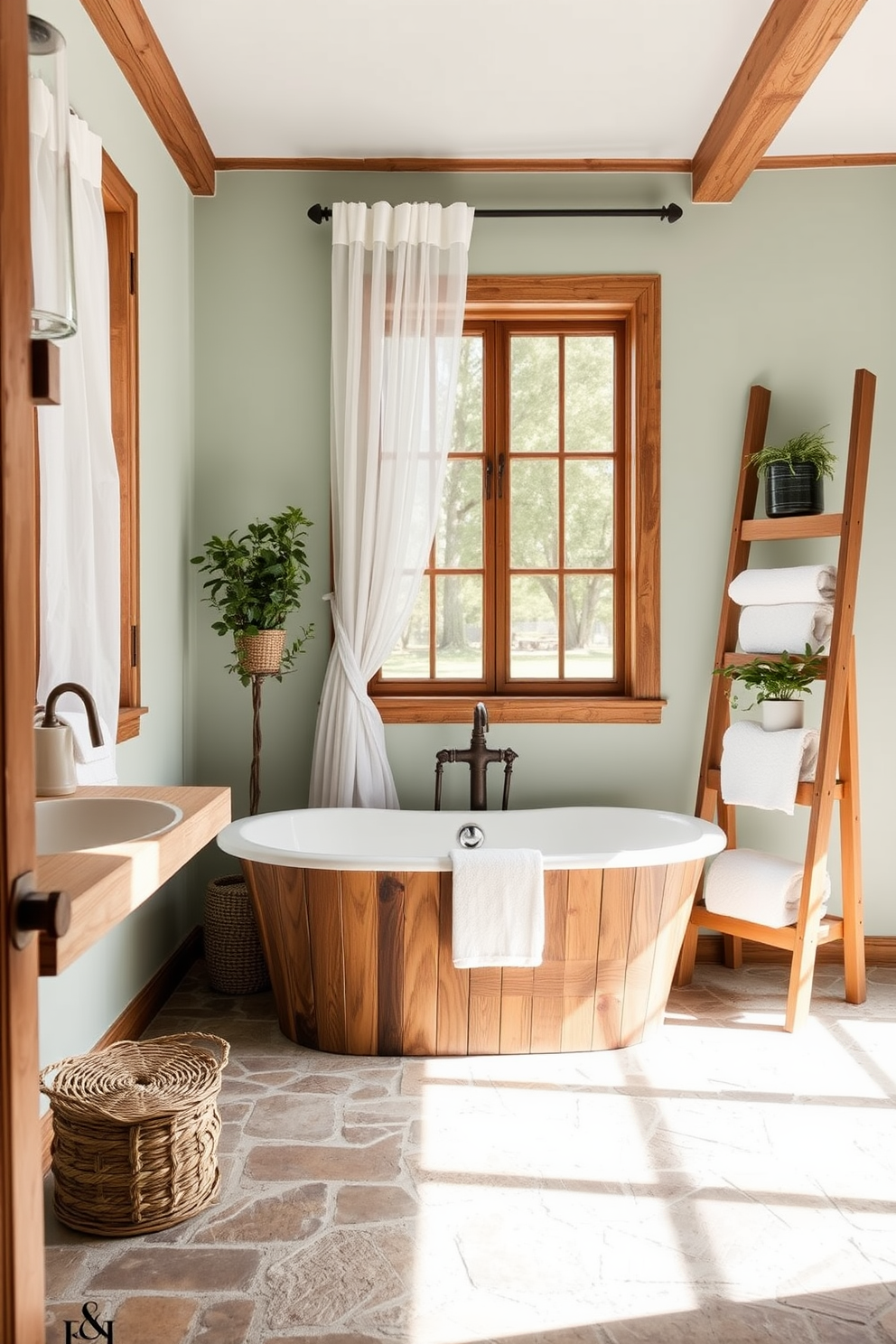 A serene green bathroom featuring bamboo shelves adorned with lush green plants. The walls are painted in a soft sage hue, complementing the natural wood tones of the shelves.