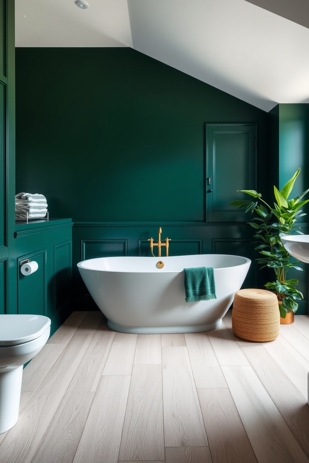 A serene bathroom space with dark green walls that create a rich and calming atmosphere. The light wood floors contrast beautifully, adding warmth and a natural element to the design. Incorporate sleek fixtures and accessories that enhance the green theme, such as a white freestanding bathtub and gold accents. Lush greenery and decorative plants can be placed strategically to bring life and vibrancy to the space.