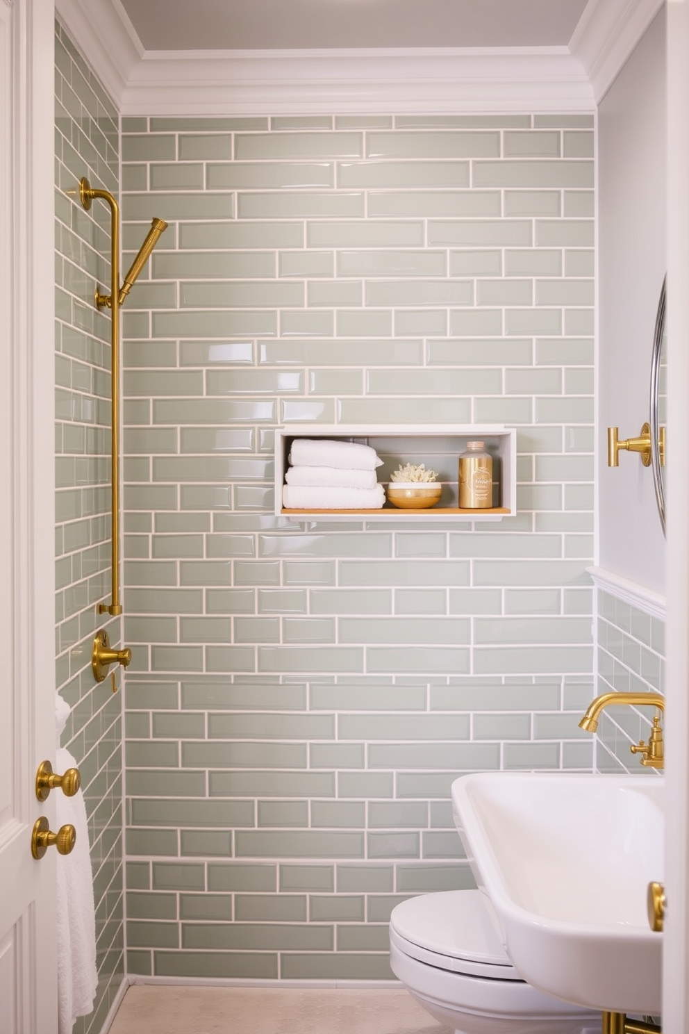 A serene bathroom featuring sage green shower tiles that create a calming atmosphere. Brass accents highlight the elegant fixtures, adding a touch of sophistication to the space. The walls are painted in a complementary soft white, enhancing the overall brightness of the room. A stylish wooden shelf displays neatly arranged towels and decorative items, completing the inviting look.