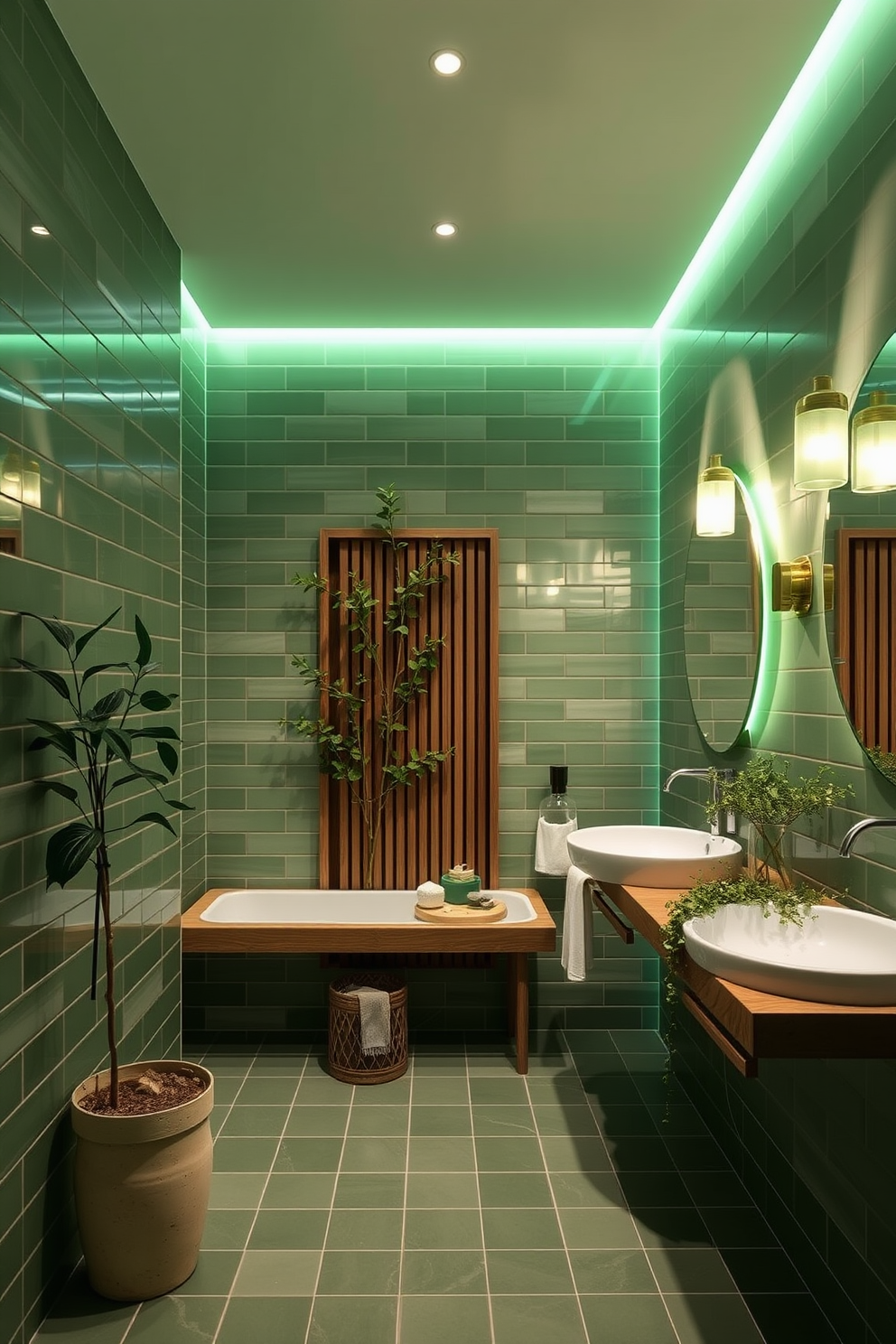 A tranquil green bathroom design featuring soft green lighting fixtures that create a soothing ambiance. The walls are adorned with elegant green tiles, complemented by natural wood accents and lush greenery for a refreshing atmosphere.