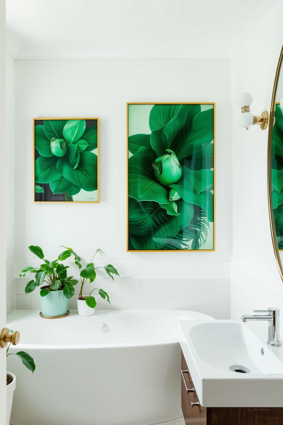 A serene green bathroom filled with lush greenery in decorative planters. The planters are arranged elegantly on floating shelves, complementing the soft green tiles that adorn the walls. Natural light filters through a frosted window, casting gentle shadows on the plants. A sleek white bathtub sits against the wall, surrounded by vibrant ferns and succulents for a refreshing touch.