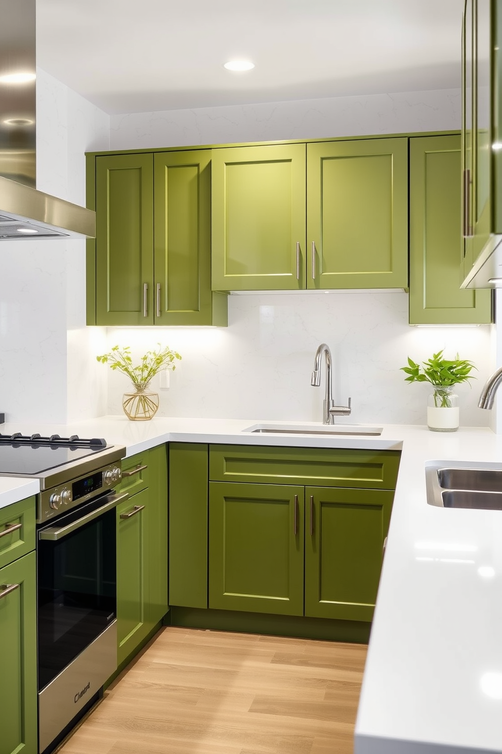 Olive green cabinets with white countertops create a fresh and inviting atmosphere. The cabinets are sleek and modern, complementing the bright white of the countertops for a clean look. The walls are adorned with subtle textures that enhance the green theme. Soft lighting fixtures illuminate the space, adding warmth to the overall design.