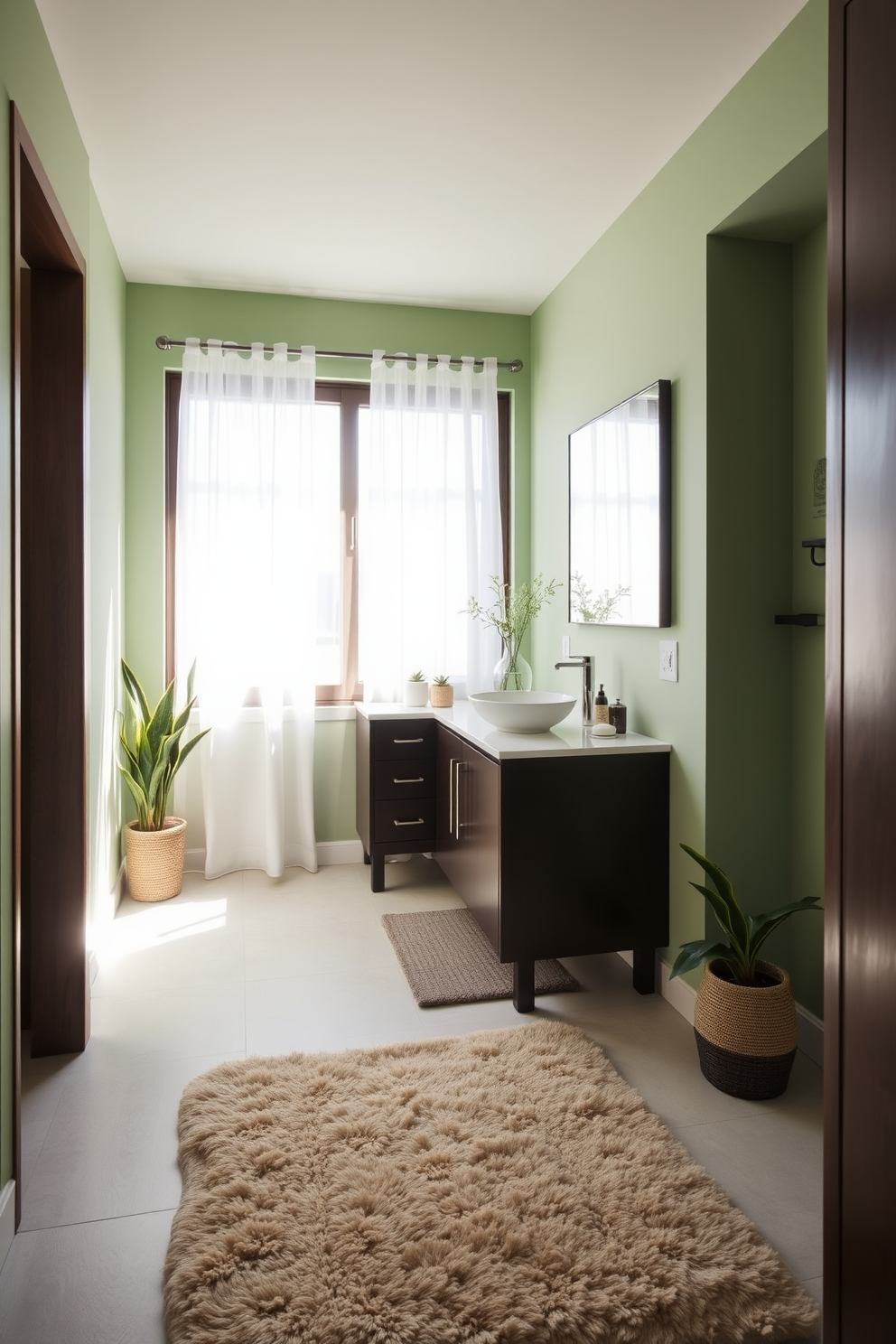 A serene bathroom featuring green ceramic tiles that evoke a classic aesthetic. The space is enhanced by elegant fixtures and natural light streaming through a frosted window. Soft white accents complement the rich green tiles, creating a harmonious balance. A freestanding soaking tub is placed against the wall, surrounded by lush greenery for a tranquil atmosphere.