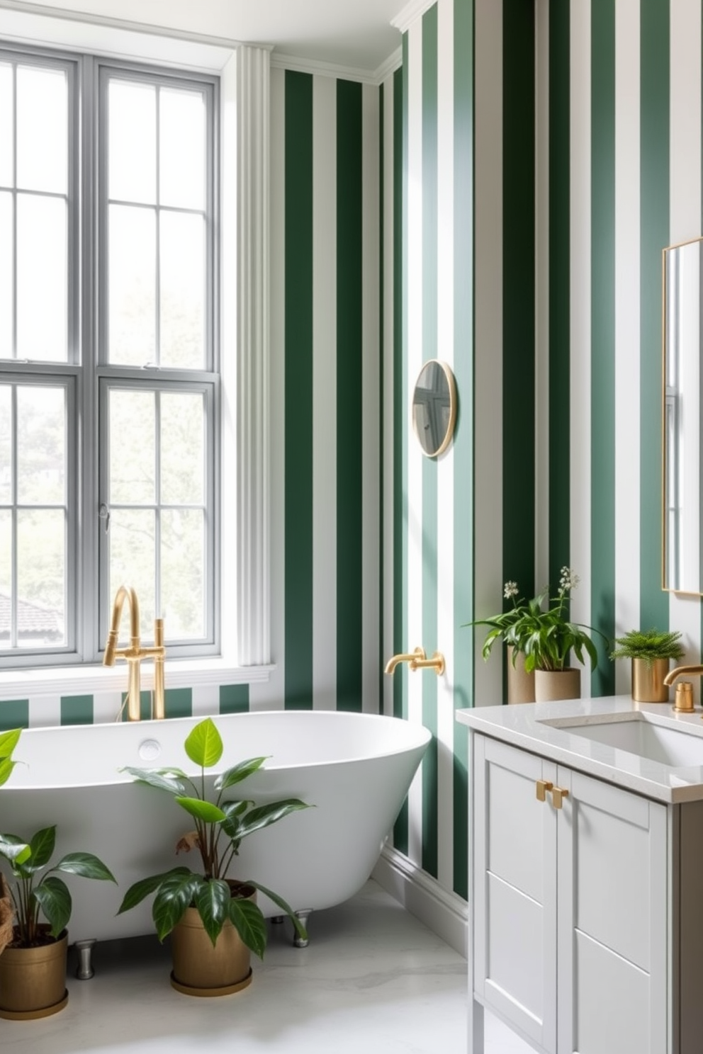 A serene bathroom space featuring forest green and white striped wallpaper that adds a touch of elegance. The design includes a freestanding bathtub positioned beneath a large window, allowing natural light to flood the room. A sleek white vanity with gold accents complements the wallpaper, providing a modern contrast. Potted greenery is placed strategically around the room, enhancing the fresh and calming atmosphere.