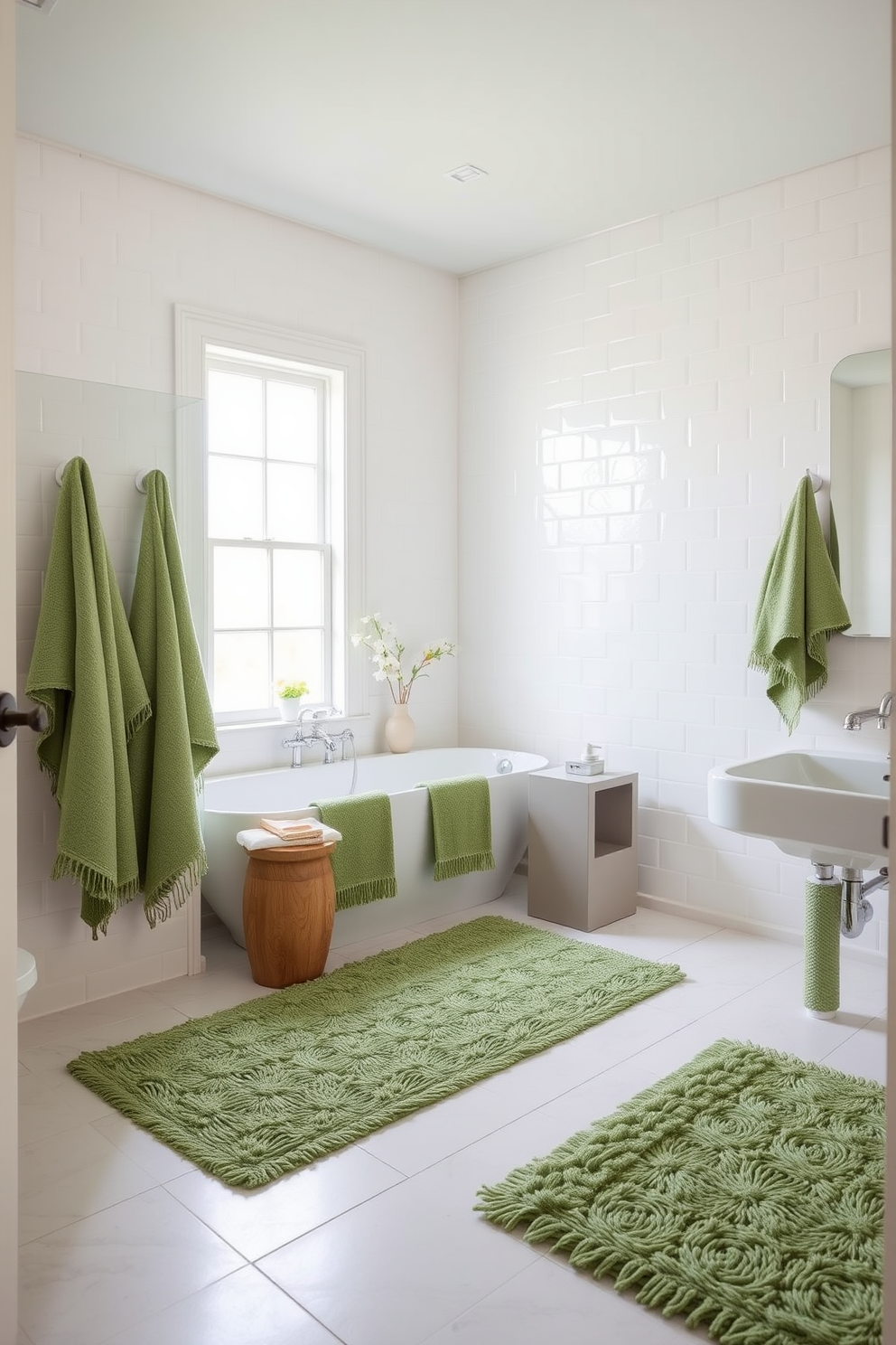 A serene green bathroom featuring textured green towels that add a touch of comfort and luxury. The space is adorned with natural elements, including plants and wooden accents, creating a tranquil atmosphere.