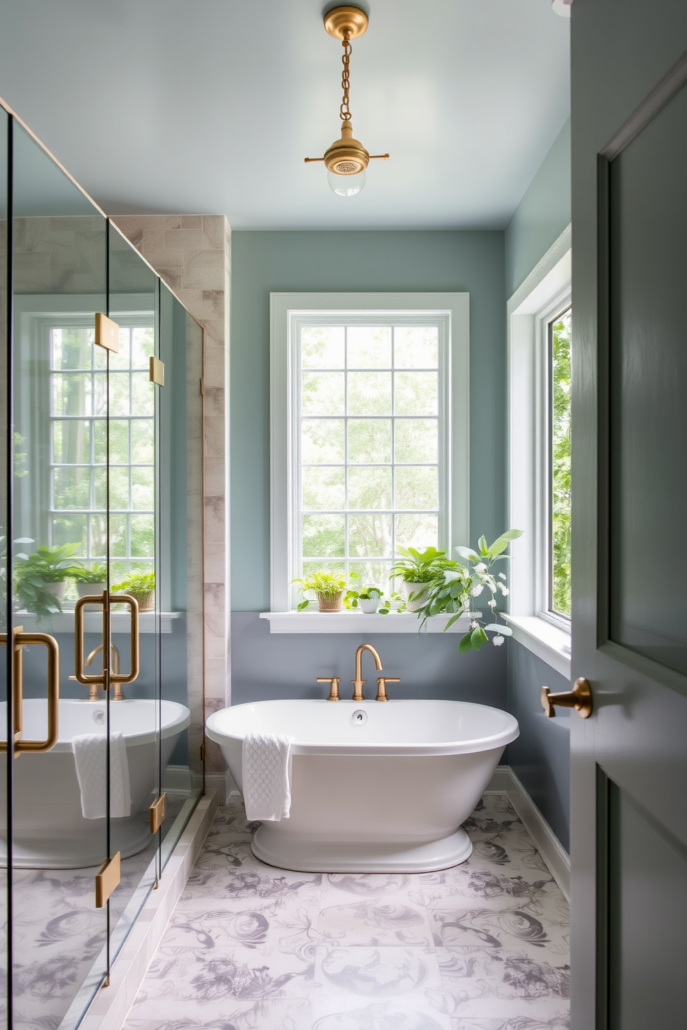 A serene bathroom space featuring muted teal walls that create a calming atmosphere. Brass lighting fixtures elegantly illuminate the room, adding a touch of sophistication and warmth. The design includes a spacious shower with glass doors and a rainfall showerhead. A freestanding bathtub sits gracefully under a window, surrounded by lush greenery for a spa-like feel.