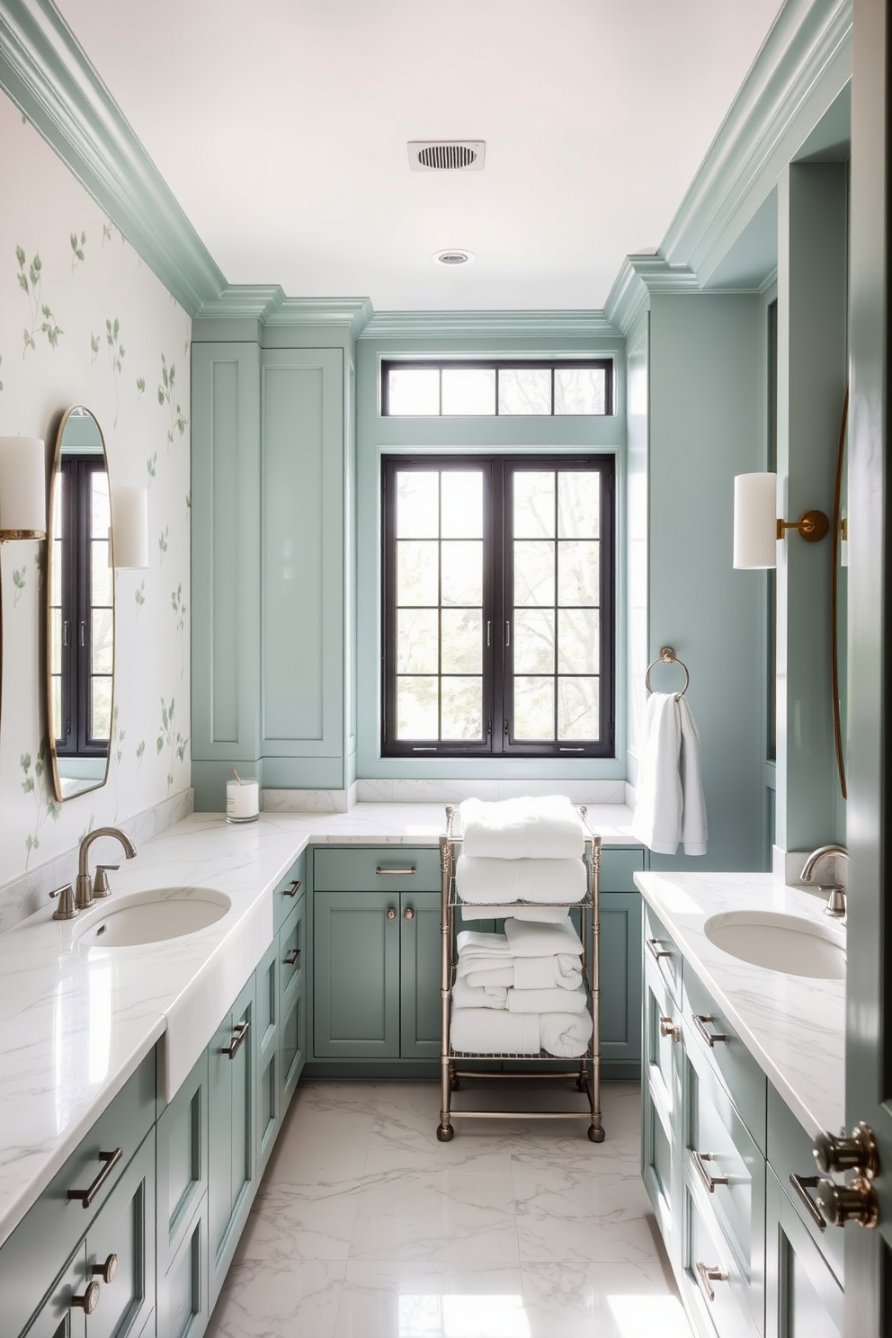 A serene bathroom space featuring mint green cabinetry with sleek marble countertops that exude elegance. The walls are adorned with subtle botanical prints, enhancing the fresh and calming atmosphere of the design. Large windows allow natural light to flood the room, illuminating the polished fixtures and creating a bright, airy feel. Soft white towels are neatly arranged on a stylish rack, complementing the overall aesthetic of tranquility and sophistication.