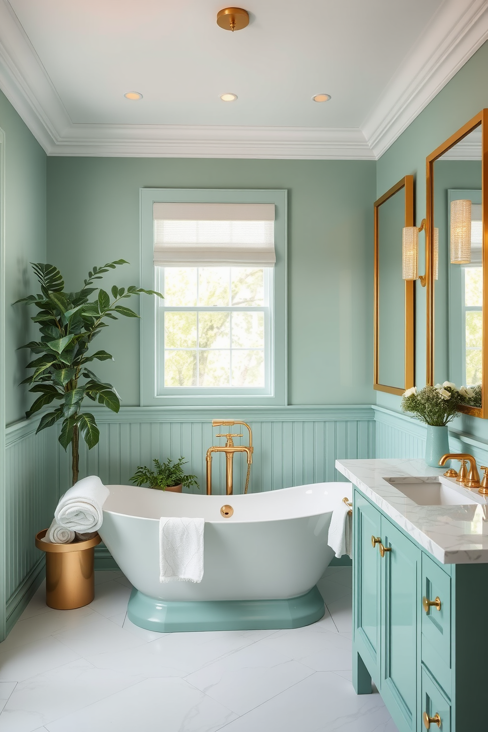 A serene bathroom space featuring sage green rugs that add both warmth and style to the overall aesthetic. The walls are adorned with soft white tiles, and the decor includes lush plants that enhance the calming atmosphere. Incorporating elements of nature, the design includes wooden accents and fixtures that complement the green hues. The space is illuminated by natural light streaming through a large window, creating a refreshing and inviting environment.