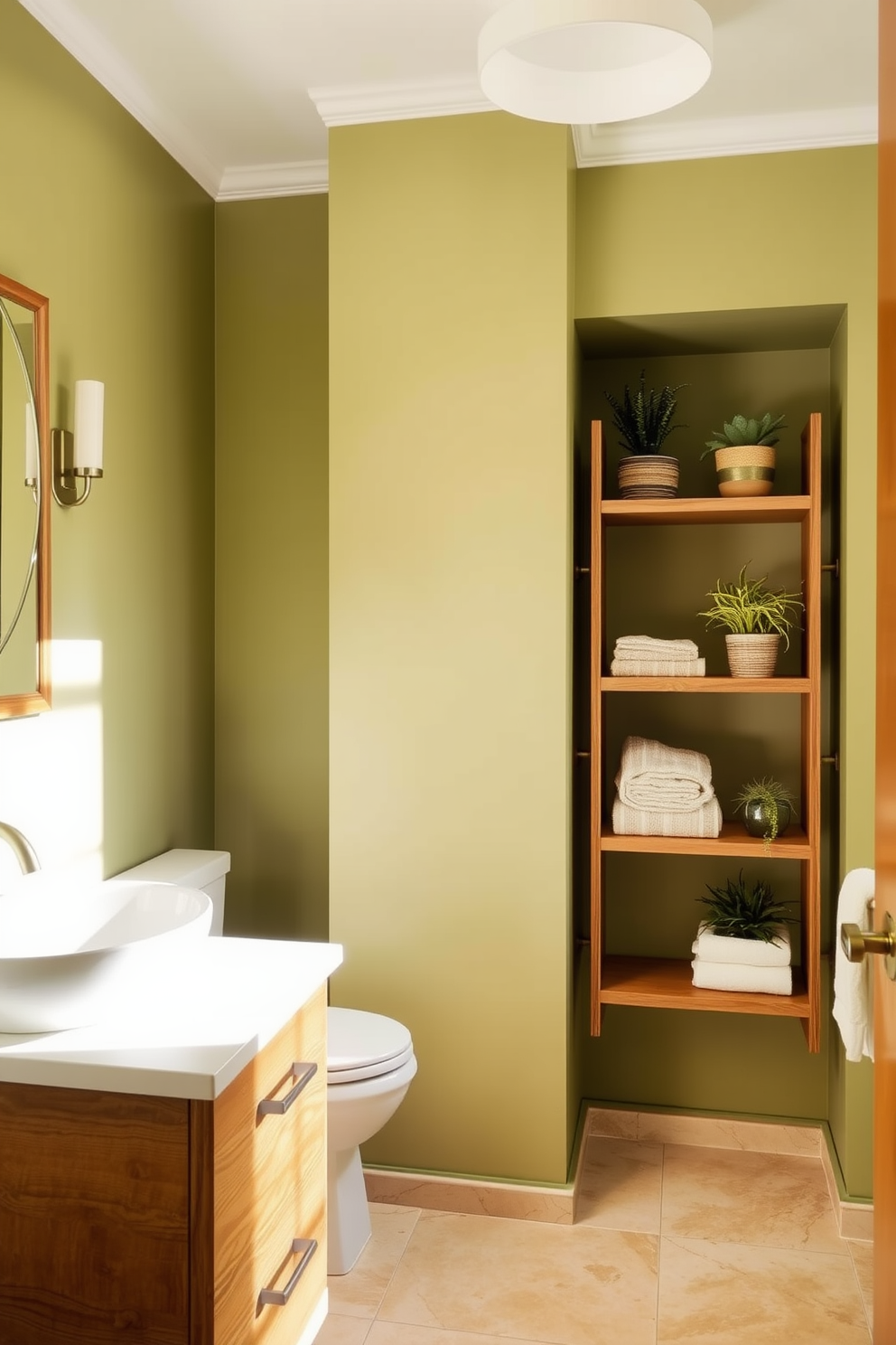 A serene bathroom space featuring olive green shower curtains that elegantly frame a spacious shower area. The walls are adorned with a soft white finish, complementing the olive green towels neatly arranged on a wooden rack. The flooring consists of light beige tiles that provide a warm contrast to the green accents. A stylish bamboo plant sits in the corner, adding a touch of nature to the tranquil ambiance.