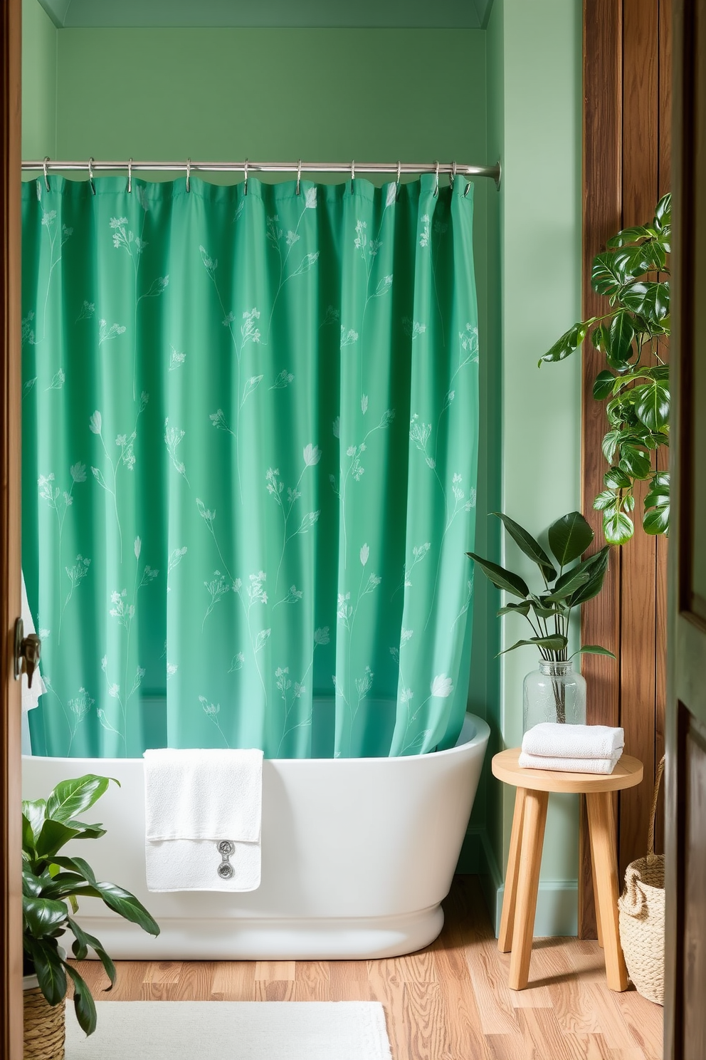 A serene bathroom oasis featuring an emerald green shower curtain adorned with delicate plant patterns. The walls are painted in a soft mint hue, complemented by natural wood accents and lush greenery throughout the space.