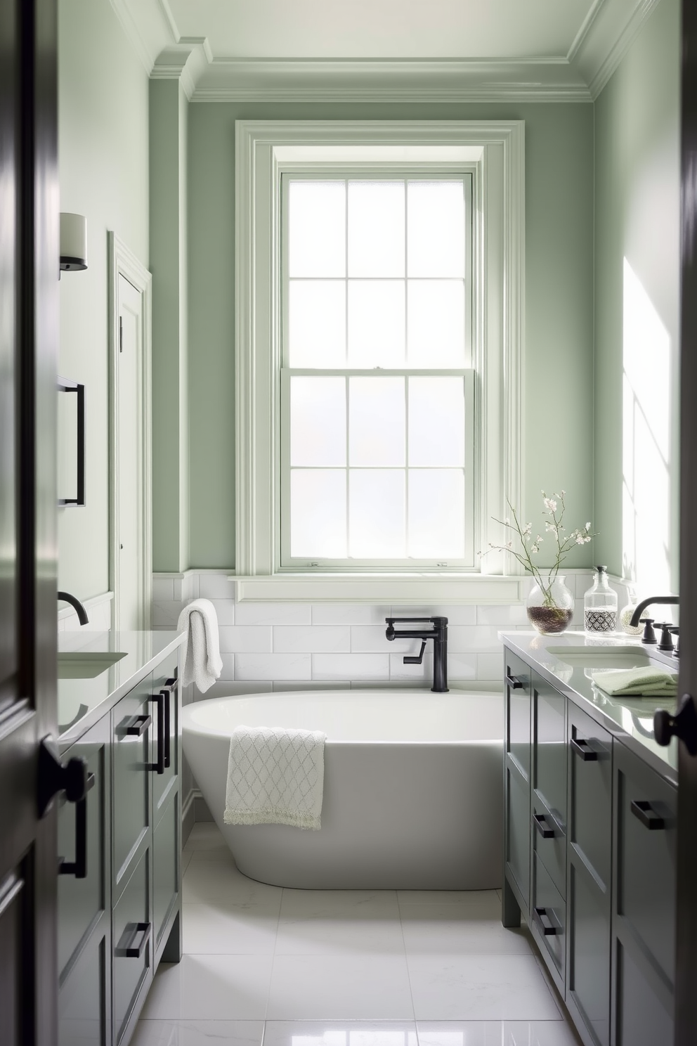 A serene bathroom space featuring pale green walls that evoke a sense of tranquility. The room is accented with sleek black hardware, including faucets and cabinet handles, creating a modern contrast. Natural light floods in through a frosted glass window, enhancing the calming atmosphere. The floor is adorned with elegant white tiles, while plush towels in complementary shades are neatly arranged.