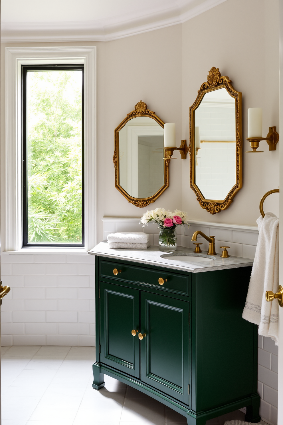 A serene bathroom setting featuring a forest green bath mat that adds a cozy touch to the space. The walls are painted in a soft green hue, complemented by white cabinetry and brass fixtures for a fresh and inviting atmosphere.