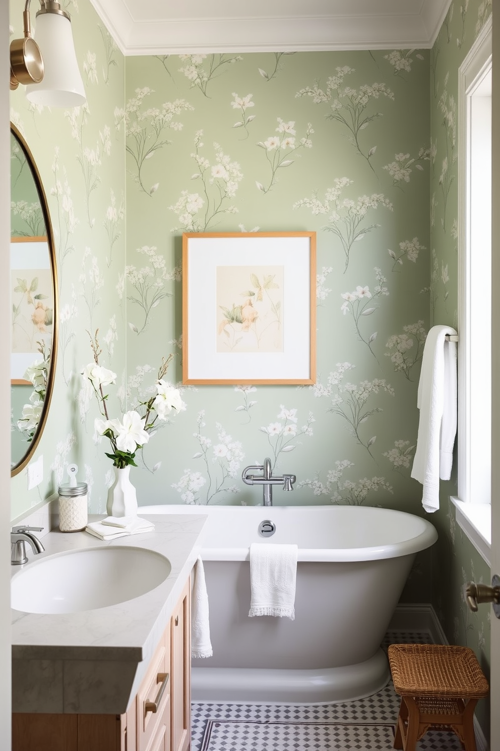 A serene bathroom oasis with soft green wallpaper featuring delicate botanical prints. The space is accented with natural wood elements and touches of white for a fresh and airy feel.