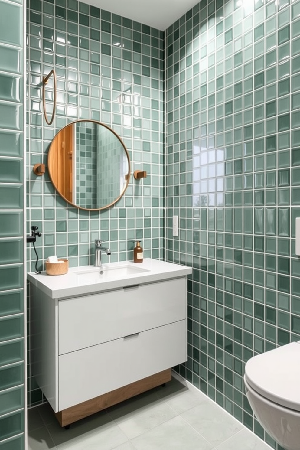 A vibrant green bathroom featuring lime green accessories that add a bright and cheerful touch. The walls are painted in a soft green hue, complemented by lime green towels and decorative items scattered throughout the space.