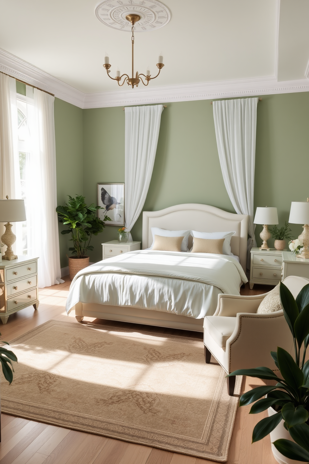 A serene green bedroom featuring soft sage green walls complemented by crisp white accents. The room includes a plush white bedspread on a large bed, flanked by elegant nightstands with stylish lamps. Natural light filters through sheer white curtains, illuminating a cozy reading nook with a comfortable armchair. A beautiful area rug in neutral tones adds warmth to the space, while potted plants bring a touch of nature indoors.