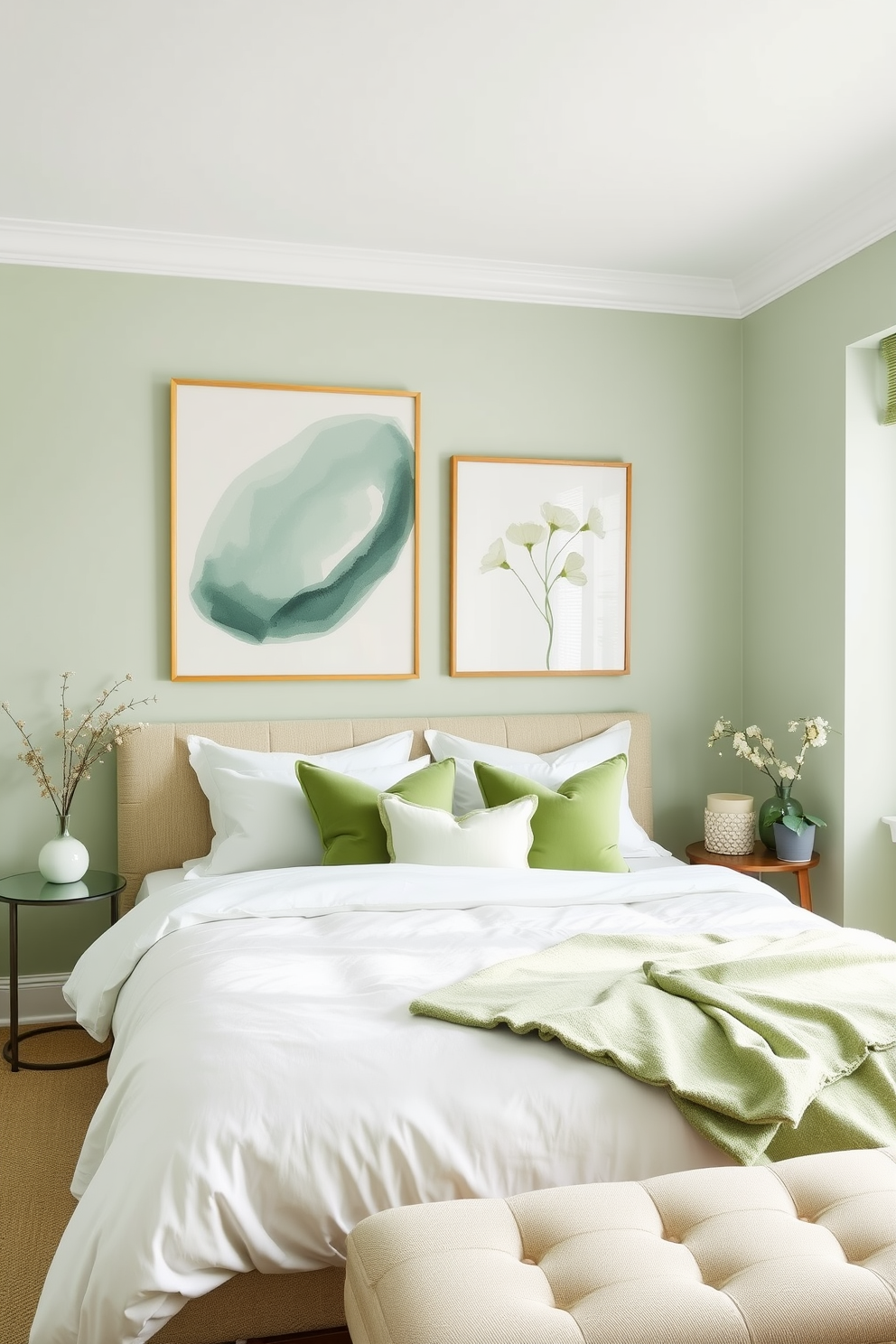 A serene bedroom design featuring pastel green art pieces that evoke a calming atmosphere. The walls are painted in soft pastel green, complemented by a plush bed adorned with white linens and subtle green accents.