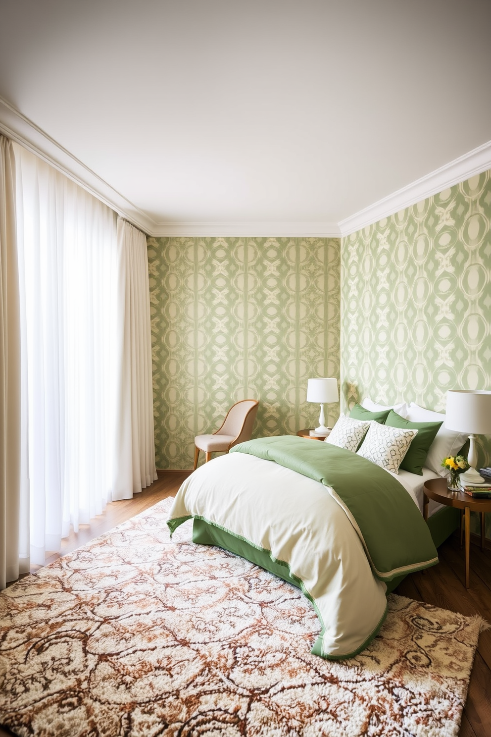 A serene bedroom featuring geometric patterns in green and cream. The walls are adorned with a bold geometric wallpaper, while the bedding showcases a harmonious blend of green and cream tones. A plush area rug with a geometric design anchors the space, complementing the overall aesthetic. Natural light filters through sheer curtains, enhancing the tranquil atmosphere of the room.