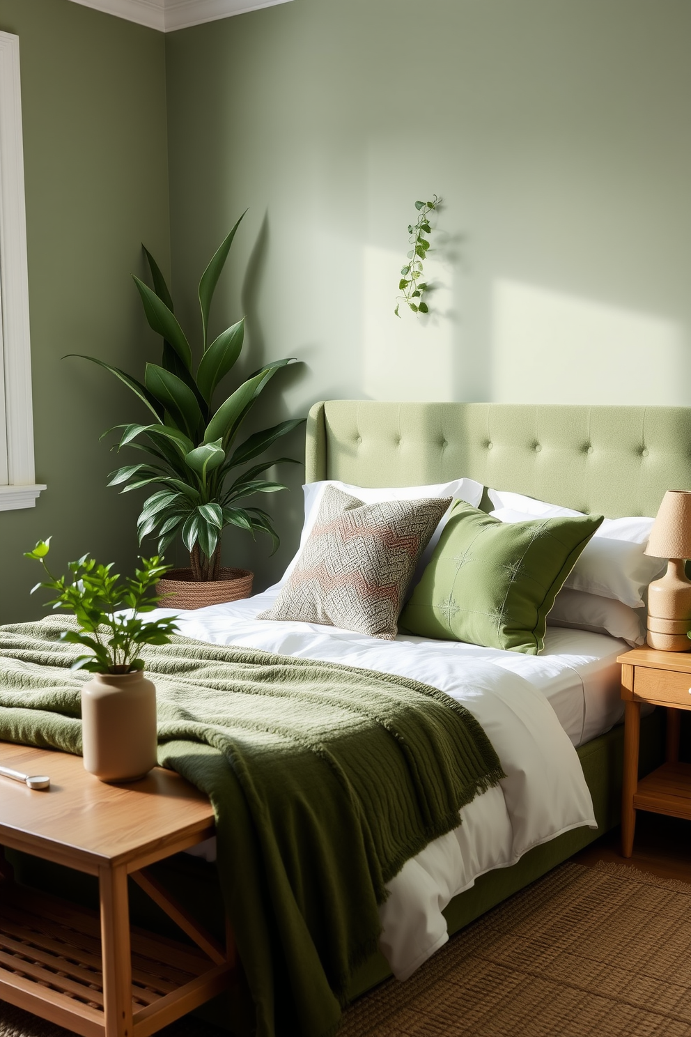 A serene bedroom setting that embodies nature-inspired decor with soothing green tones. The walls are painted in a soft sage green, and lush indoor plants are strategically placed throughout the space. The bed features a plush green upholstered headboard, complemented by crisp white linens and an assortment of textured green throw pillows. A wooden nightstand holds a small potted plant and a decorative lamp with a natural finish, adding warmth to the room.