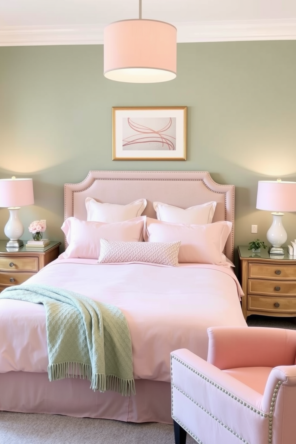 A serene bedroom setting featuring sage green walls complemented by blush pink accents. The room includes a plush queen-sized bed dressed in blush pink linens, with a sage green throw blanket draped across the foot. On either side of the bed, elegant nightstands in a light wood finish hold stylish lamps with soft pink shades. A cozy reading nook is created in one corner with a blush pink armchair and a small sage green side table.