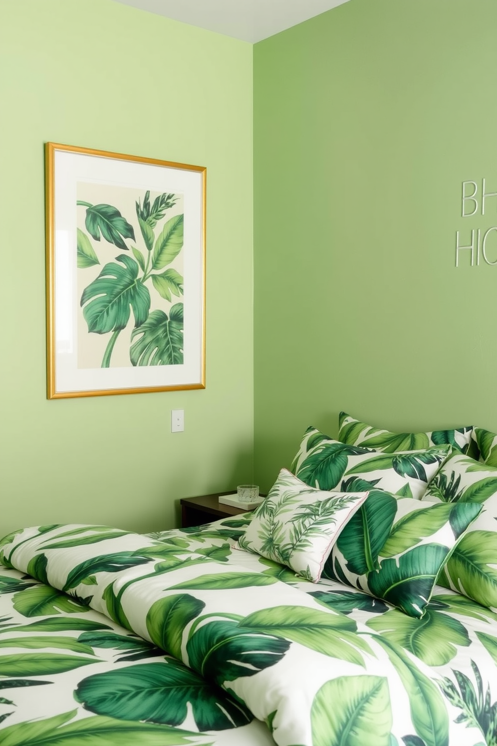 A serene green bedroom adorned with tropical leaf prints on the bedding and decorative pillows. The walls are painted in a soft green hue, creating a calming atmosphere that complements the vibrant patterns.