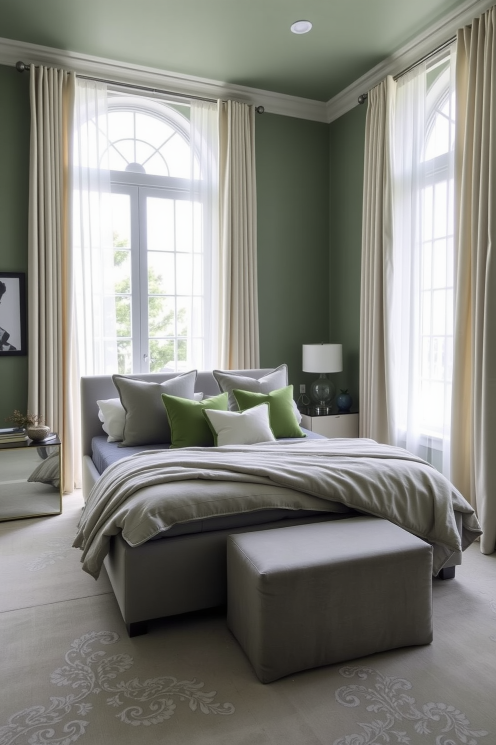 A serene bedroom setting featuring a green and grey color palette that exudes sophistication. The walls are painted in a soft sage green while the bedding showcases various shades of grey for a harmonious look. A plush grey upholstered bed sits at the center of the room adorned with green accent pillows. Natural light floods in through large windows framed with sheer white curtains, enhancing the tranquil atmosphere.