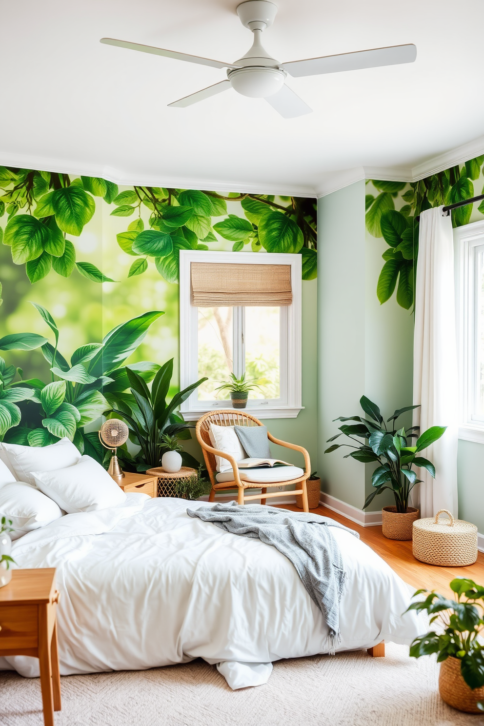 A serene bedroom featuring an accent wall adorned with a lush green wallpaper mural that brings nature indoors. The room is complemented by soft white bedding and wooden furniture, creating a harmonious and inviting atmosphere. The space includes a cozy reading nook by the window with a comfortable chair and a small side table. Decorative plants are placed throughout the room, enhancing the tranquil vibe and connecting the interior with the beauty of the outdoors.