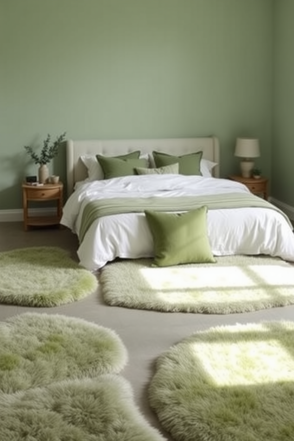 A serene green bedroom setting. The floor is adorned with soft green rugs that add warmth and comfort to the space. The walls are painted in a light pastel green, creating a calming atmosphere. A plush bed with white linens and green accent pillows is the focal point of the room.