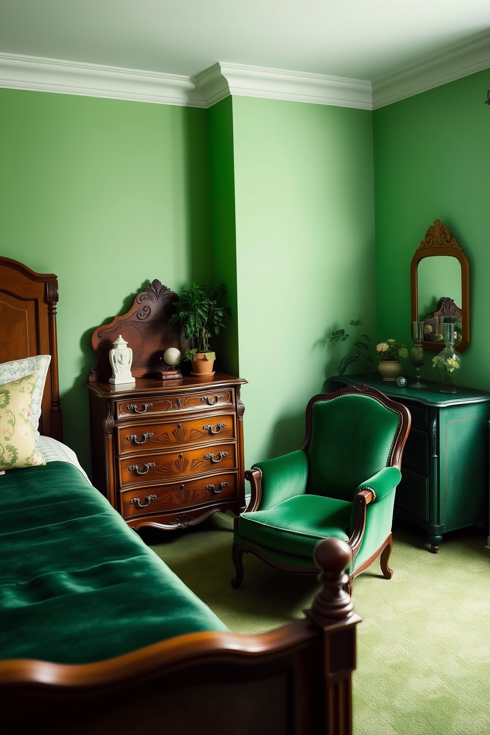 A cozy green bedroom featuring vintage furniture that exudes a retro vibe. The room is adorned with an antique wooden bed frame, complemented by a plush green velvet armchair in the corner. The walls are painted in a soft pastel green, creating a serene atmosphere. A vintage dresser with intricate details stands against one wall, topped with a decorative mirror and a few potted plants.