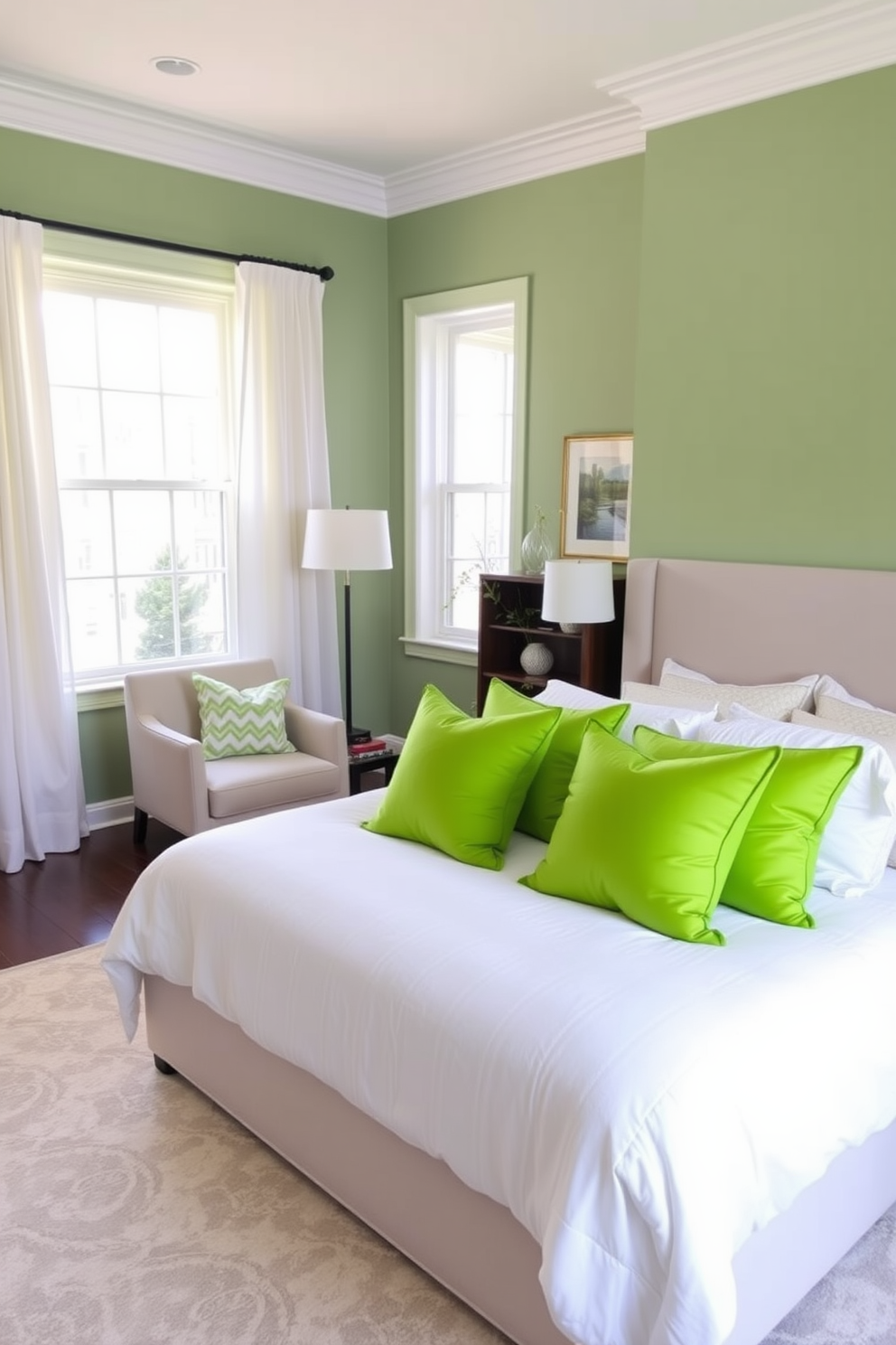 Bright green throw pillows are strategically placed on a plush white bed, creating a vibrant contrast against the soft, muted green walls. The room features a cozy reading nook with a stylish armchair and a small side table, inviting relaxation in this refreshing space. Natural light floods the room through large windows adorned with sheer white curtains, enhancing the bright and airy atmosphere. A modern area rug with subtle patterns lies beneath the bed, tying the elements together and adding warmth to the overall design.