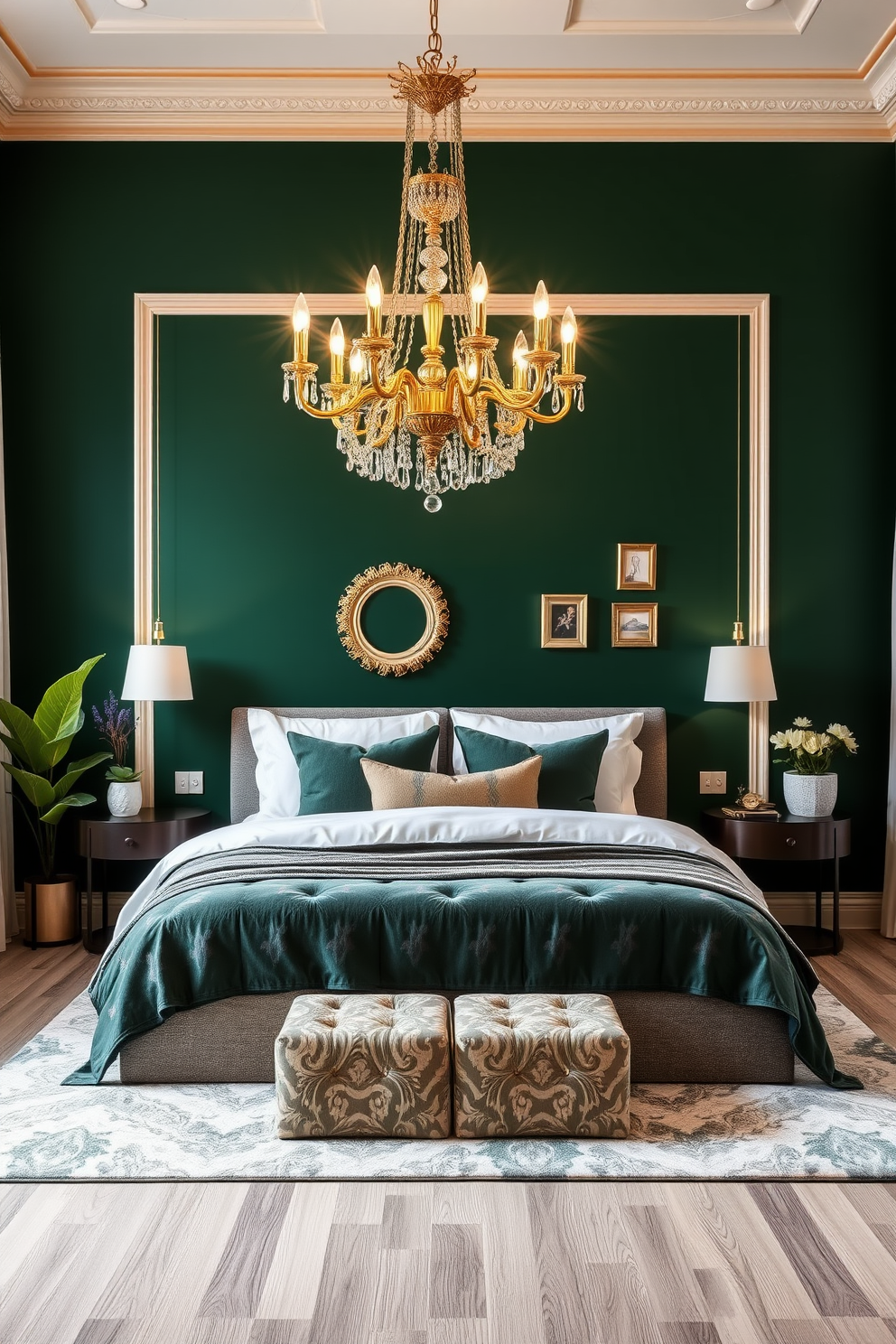 A deep emerald green accent wall serves as the focal point of the bedroom, creating an inviting and luxurious atmosphere. Gold decor elements, such as a stunning chandelier and decorative frames, add a touch of elegance and sophistication to the space. The bedding features plush textures in soft whites and grays, complementing the rich green hues. A stylish area rug in neutral tones anchors the room, while potted plants bring a refreshing natural element to the design.