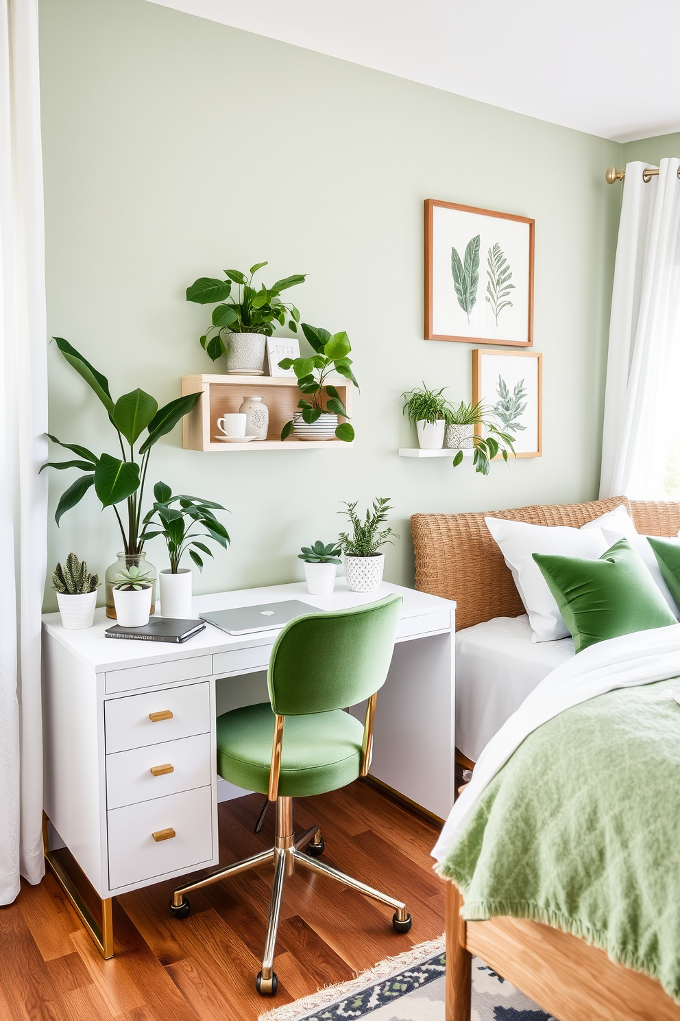 Chic green desk space for productivity. The desk is a sleek white with gold accents, complemented by a comfortable green velvet chair. A large window lets in natural light, adorned with sheer white curtains. Potted plants are placed on the desk and nearby shelves, creating a refreshing atmosphere. Green bedroom design ideas. The walls are painted in a soft sage green, paired with crisp white bedding and plush green throw pillows. A wooden bed frame adds warmth, while a stylish area rug anchors the space. Decorative wall art features botanical prints, enhancing the serene vibe of the room.