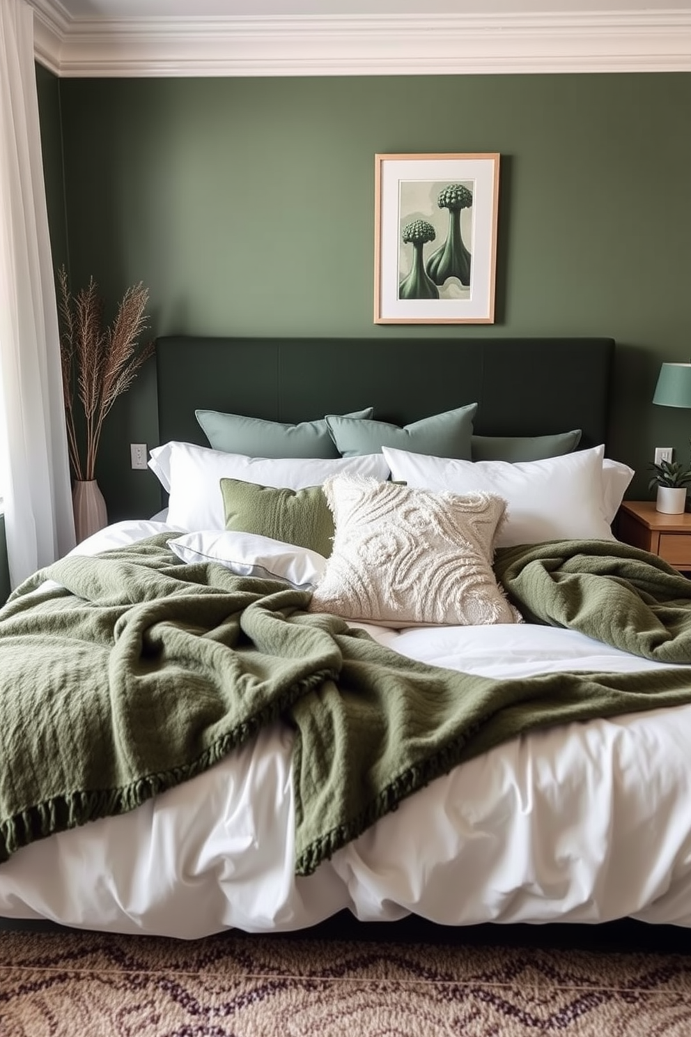 A serene green bedroom featuring layered textures with soft green throws and plush cushions scattered across a stylish bed. The walls are painted in a calming shade of green, complemented by natural wood accents and a cozy area rug.