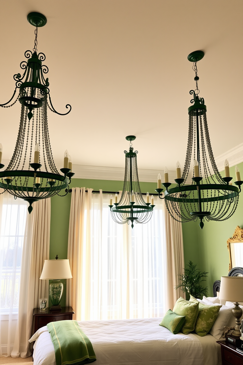 Elegant green chandeliers hang gracefully from the ceiling, casting a warm glow throughout the room. The intricate design of the chandeliers adds a touch of sophistication and serves as a stunning focal point. The bedroom features soft green walls that create a serene atmosphere, complemented by plush white bedding. Decorative accents in varying shades of green enhance the room's elegance, while natural light filters through sheer curtains, creating a tranquil retreat.